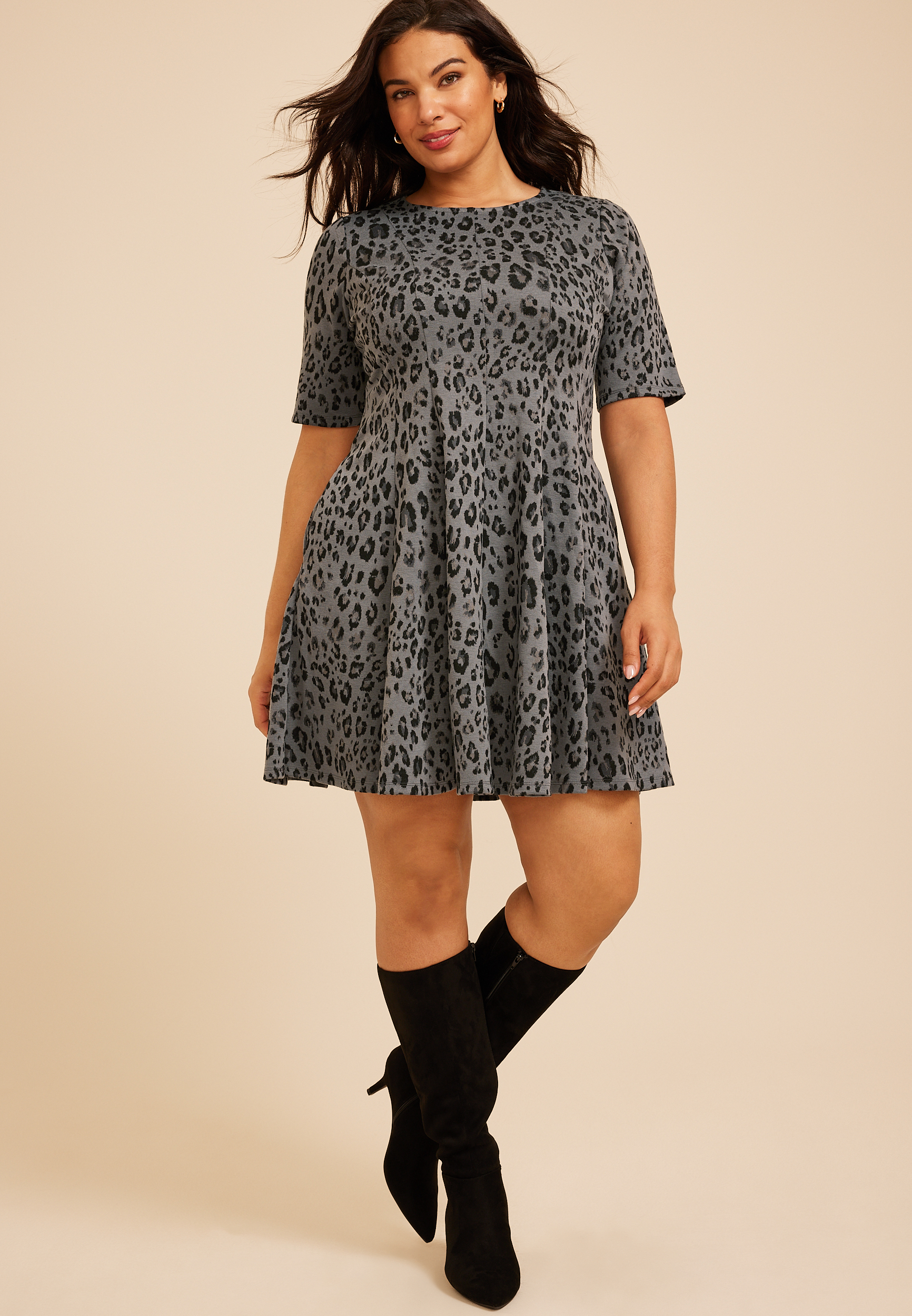 Plus Size Pleated Animal Ponte Dress