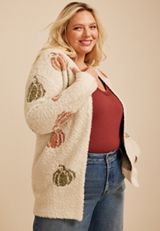 Plus Size Metallic Pumpkin Open Front Cardigan, C5883, small
