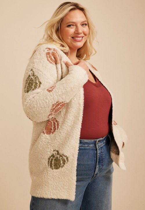 Plus Size Metallic Pumpkin Open Front Cardigan | maurices