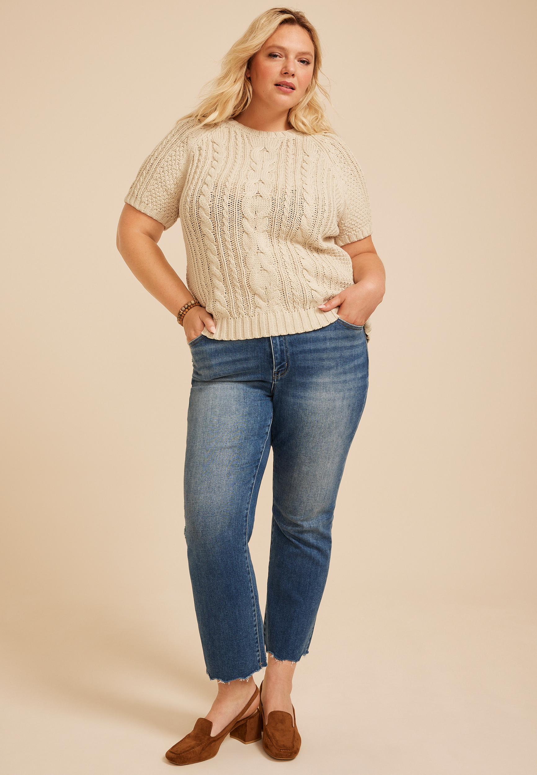 Plus Size Cable Knit Short Sleeve Sweater