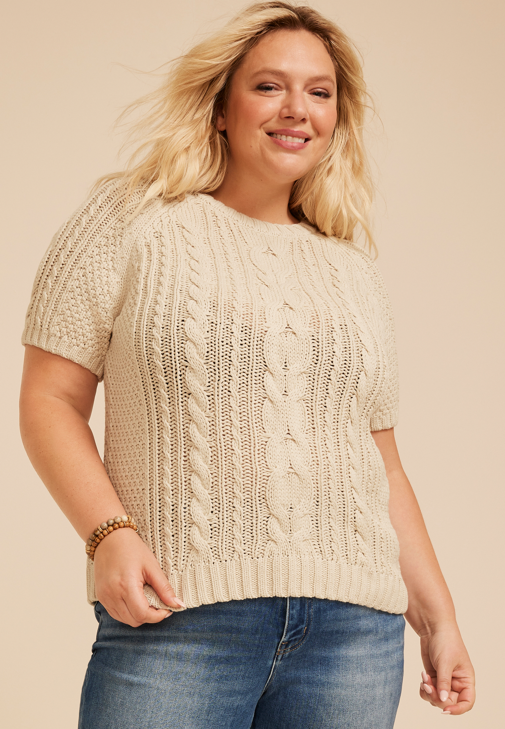 Plus Size Cable Knit Short Sleeve Sweater, C2972, large