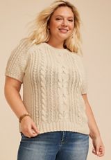 Plus Size Cable Knit Short Sleeve Sweater, C2972, small