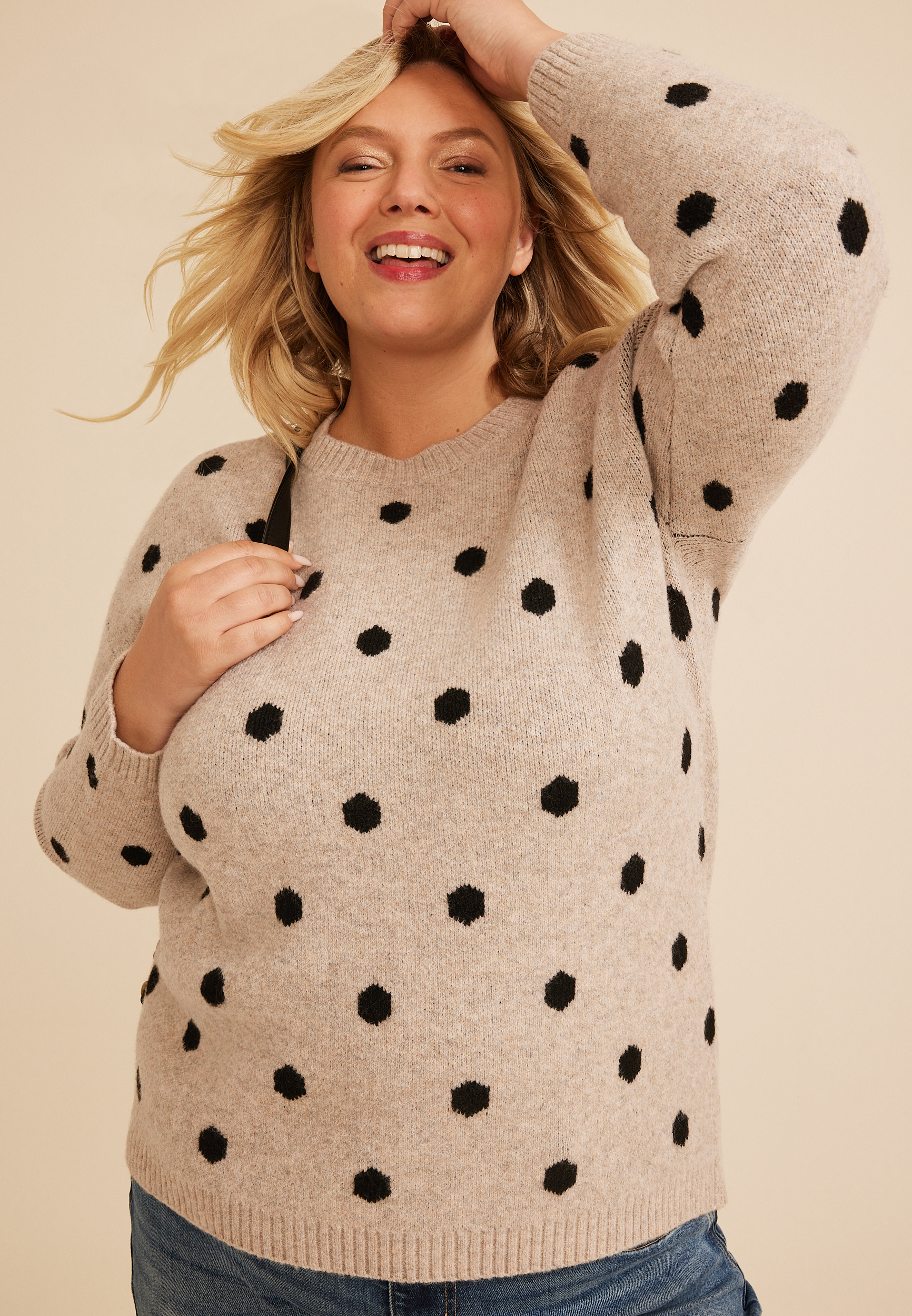 Plus Size Neutral Dot Crew Neck Sweater, C4813, large