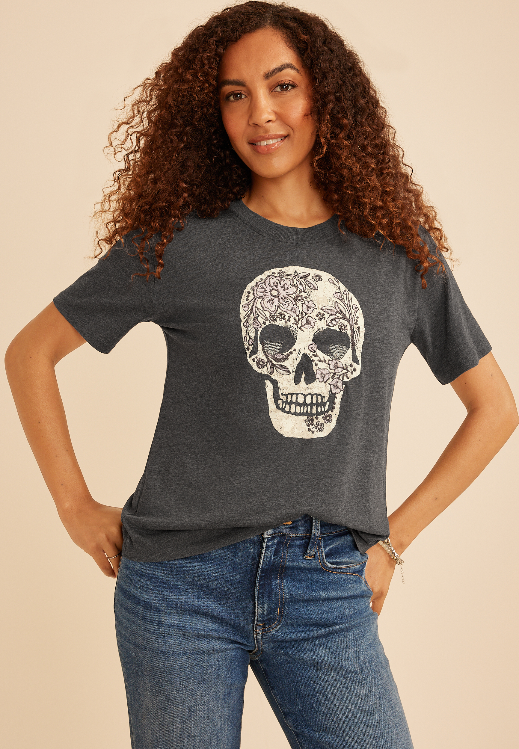 Floral Skull Vintage Fit Graphic Tee, C106, large
