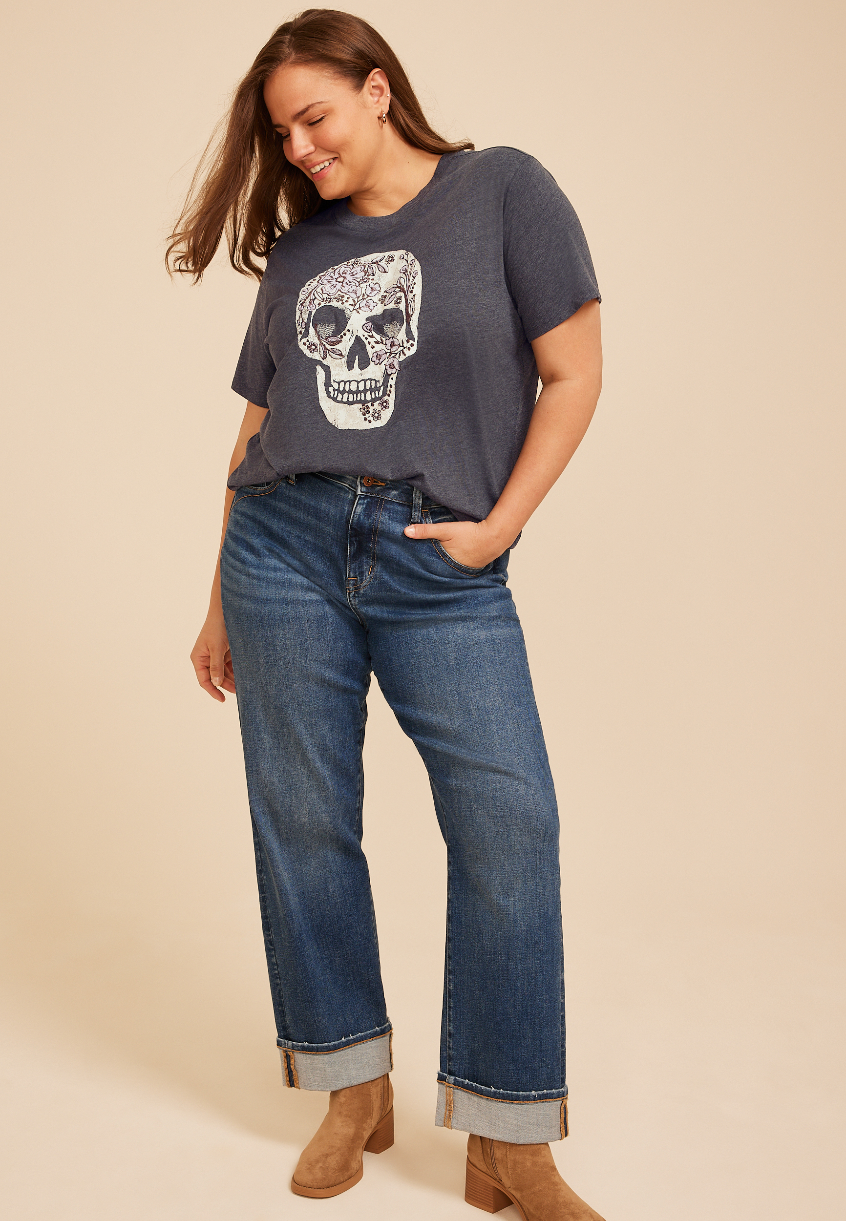 Plus Size Floral Skull Vintage Fit Graphic Tee, C106, large