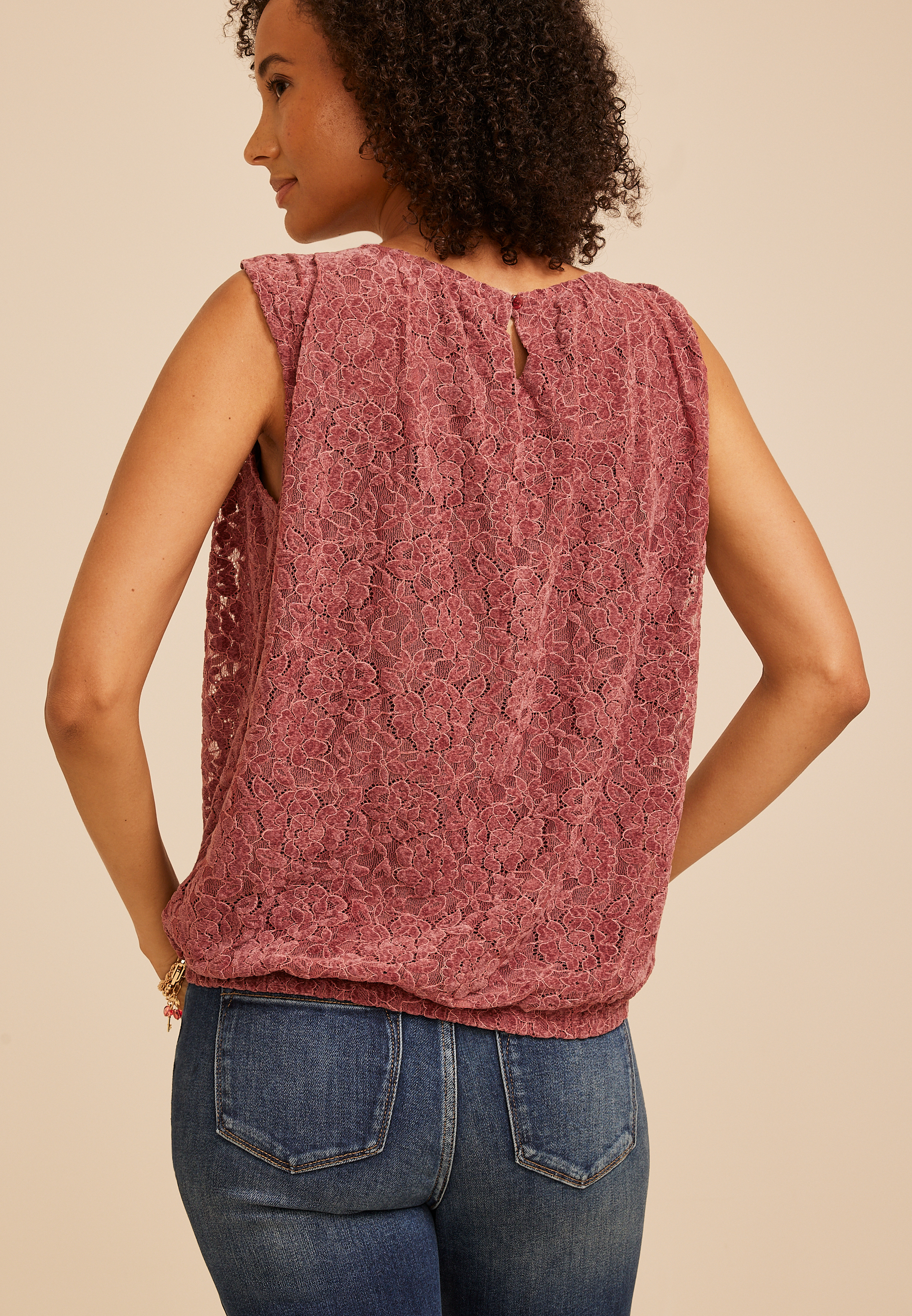 Floral Flocked Lace Bubble Hem Top, C595, large