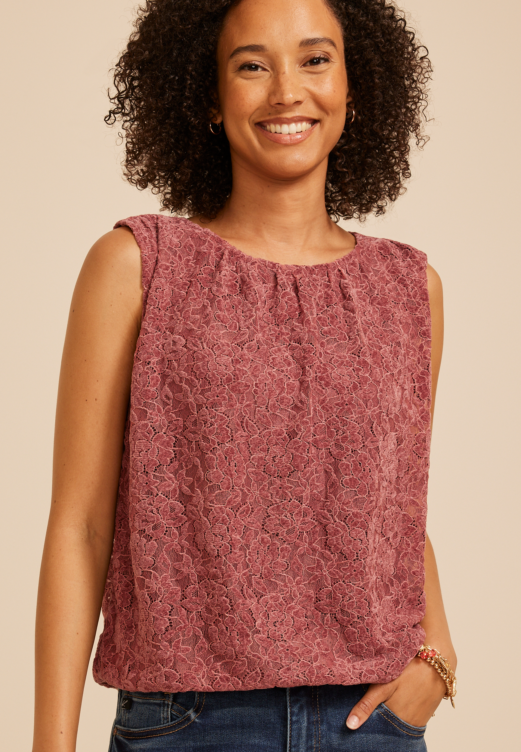 Floral Flocked Lace Bubble Hem Top, C595, large