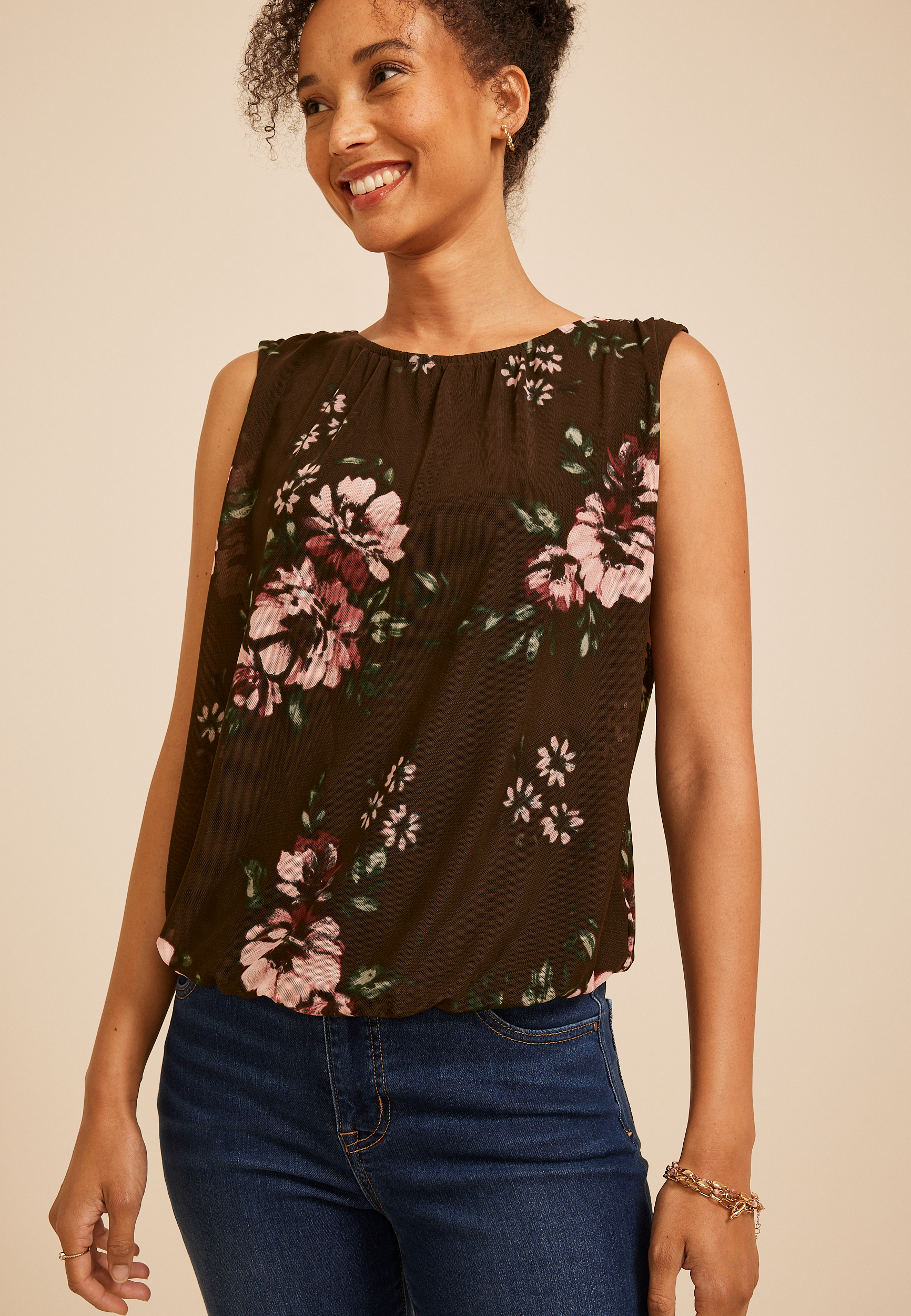 Floral Mesh Bubble Hem Tank Top, C1635, large