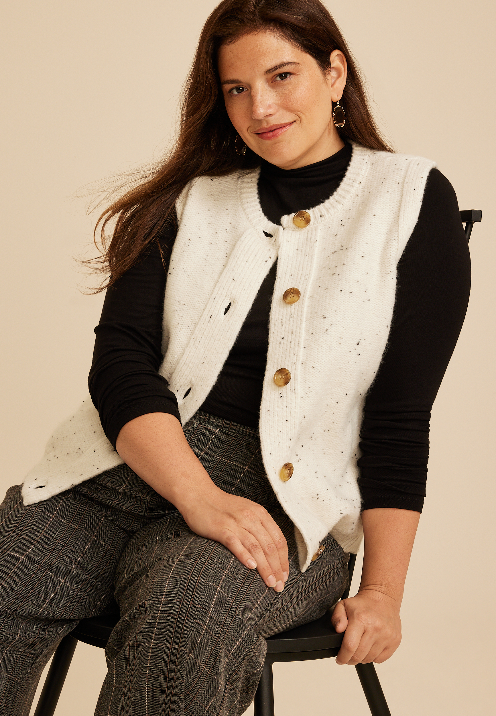Plus Size Speckled Button Front Sweater Vest, C7619, large