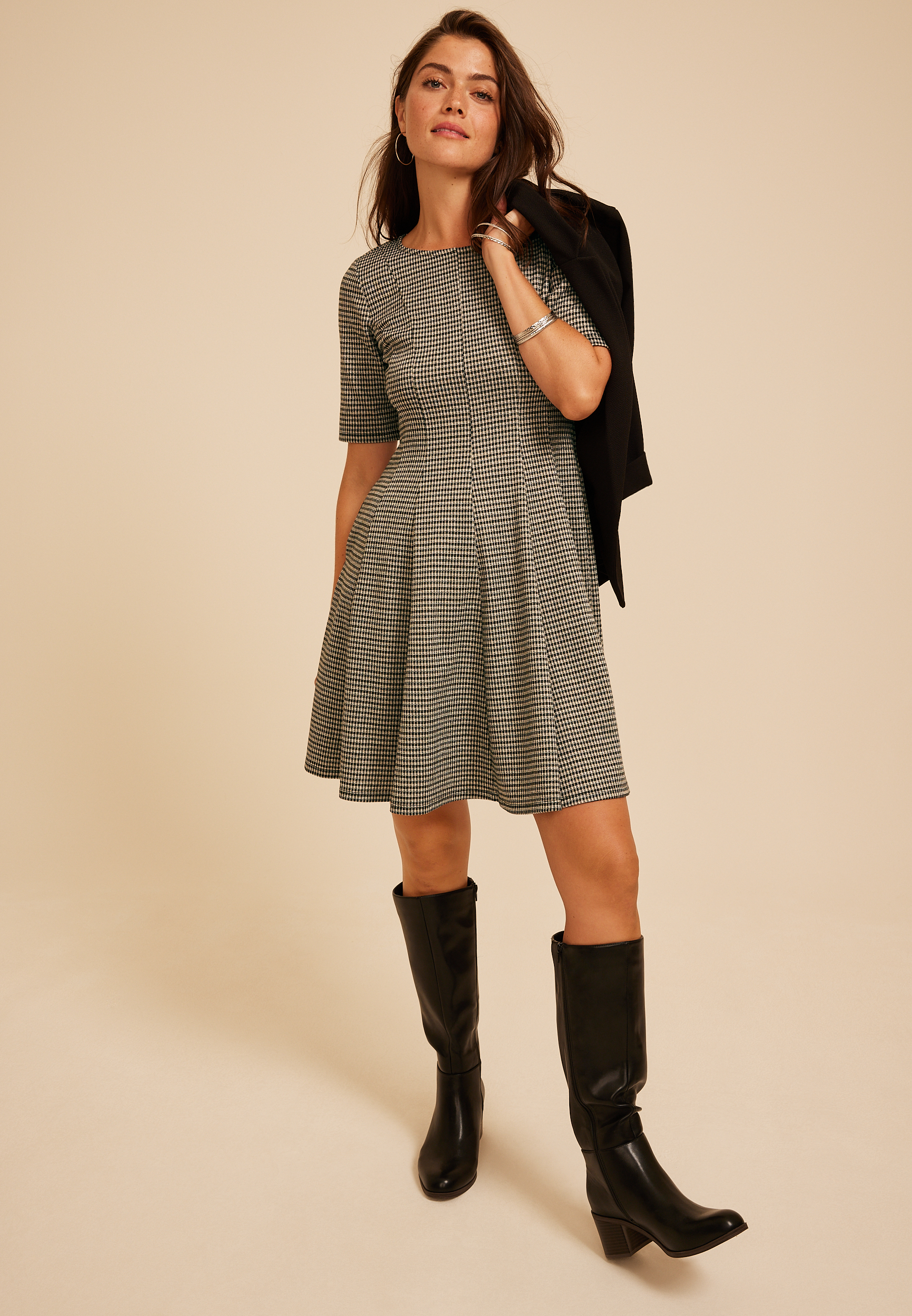 Pleated Houndstooth Ponte Dress