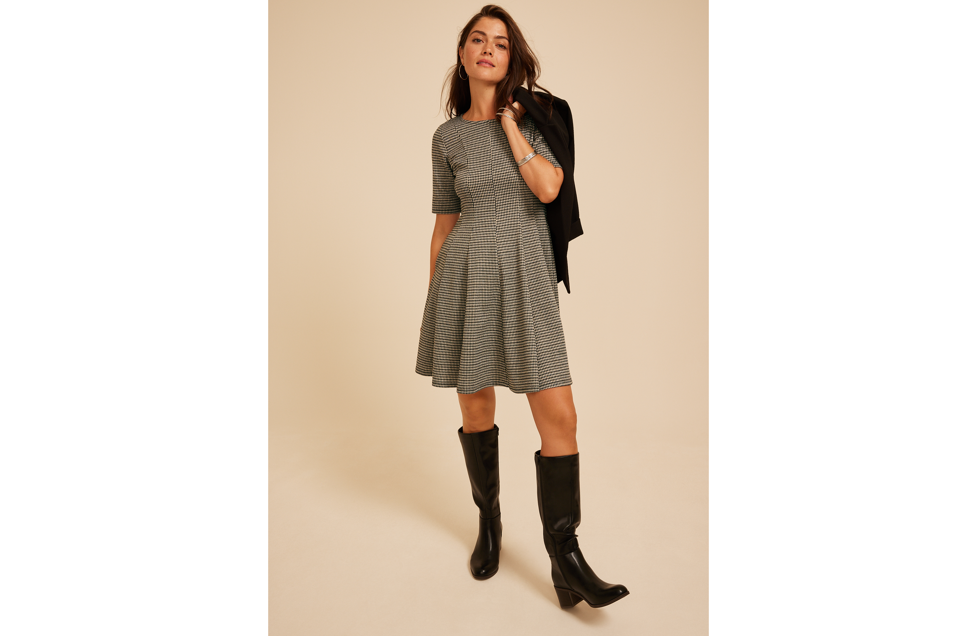 Pleated Houndstooth Ponte Dress