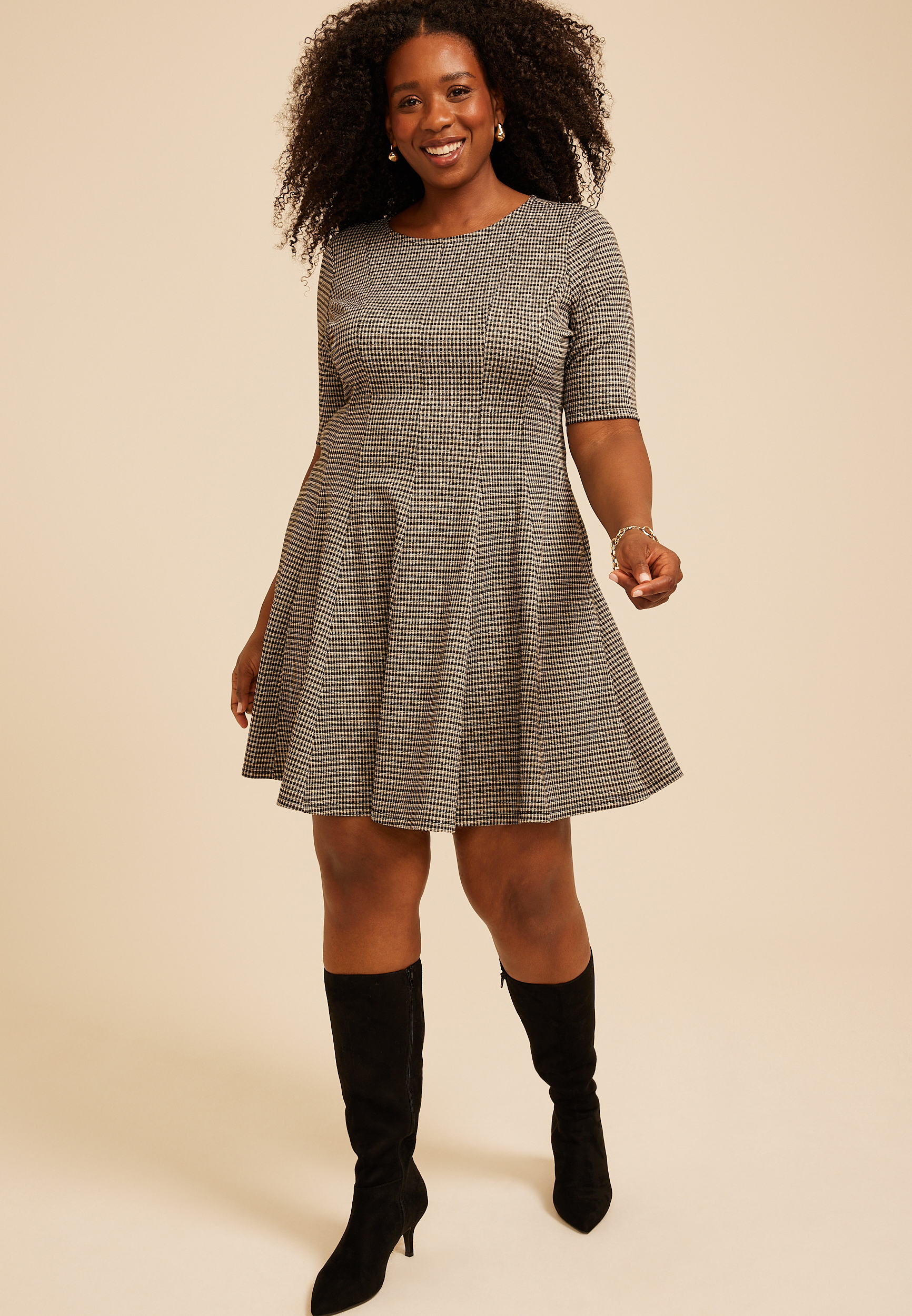 Plus Size Pleated Houndstooth Ponte Dress