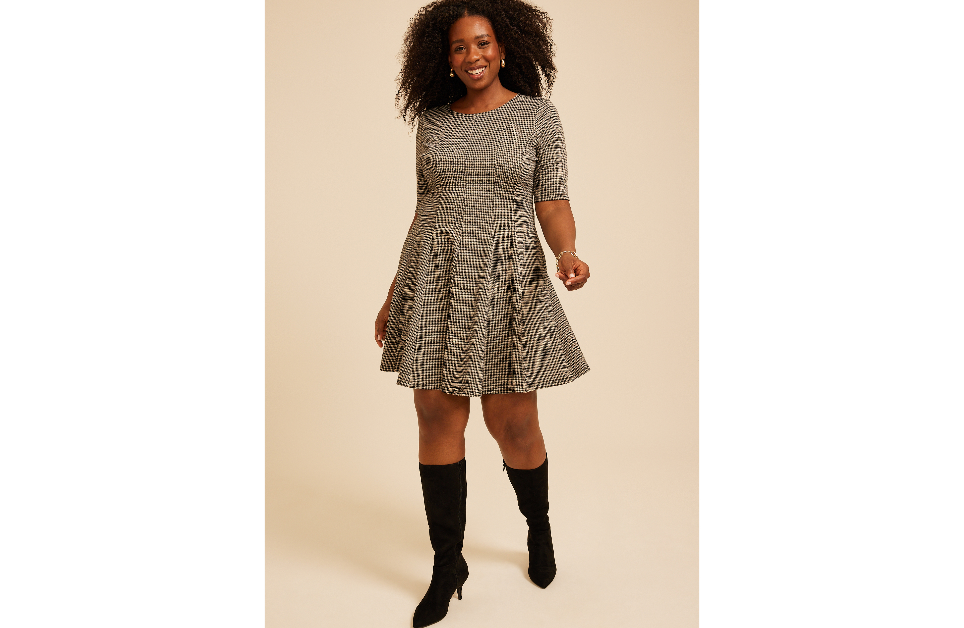 Plus Pleated Houndstooth Ponte Dress