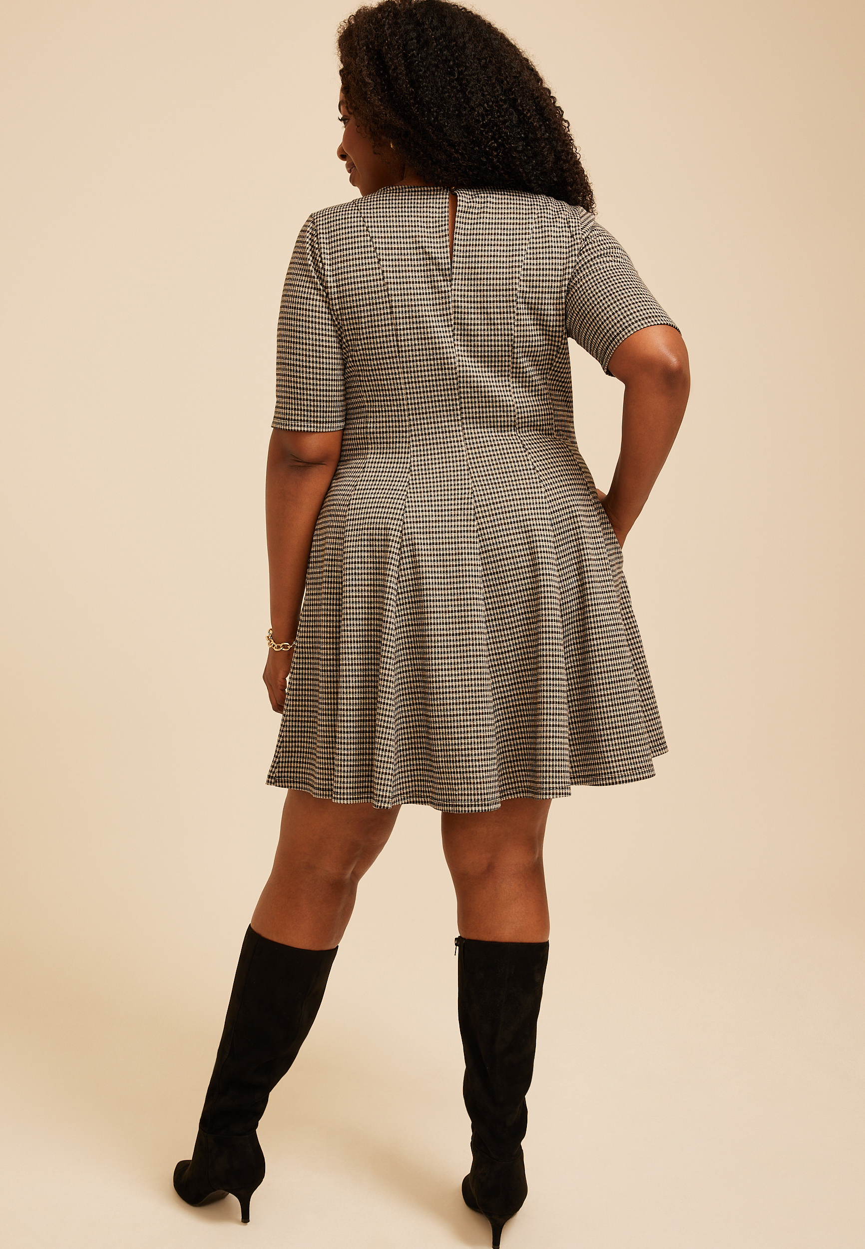Plus Size Pleated Houndstooth Ponte Dress, C1756, large