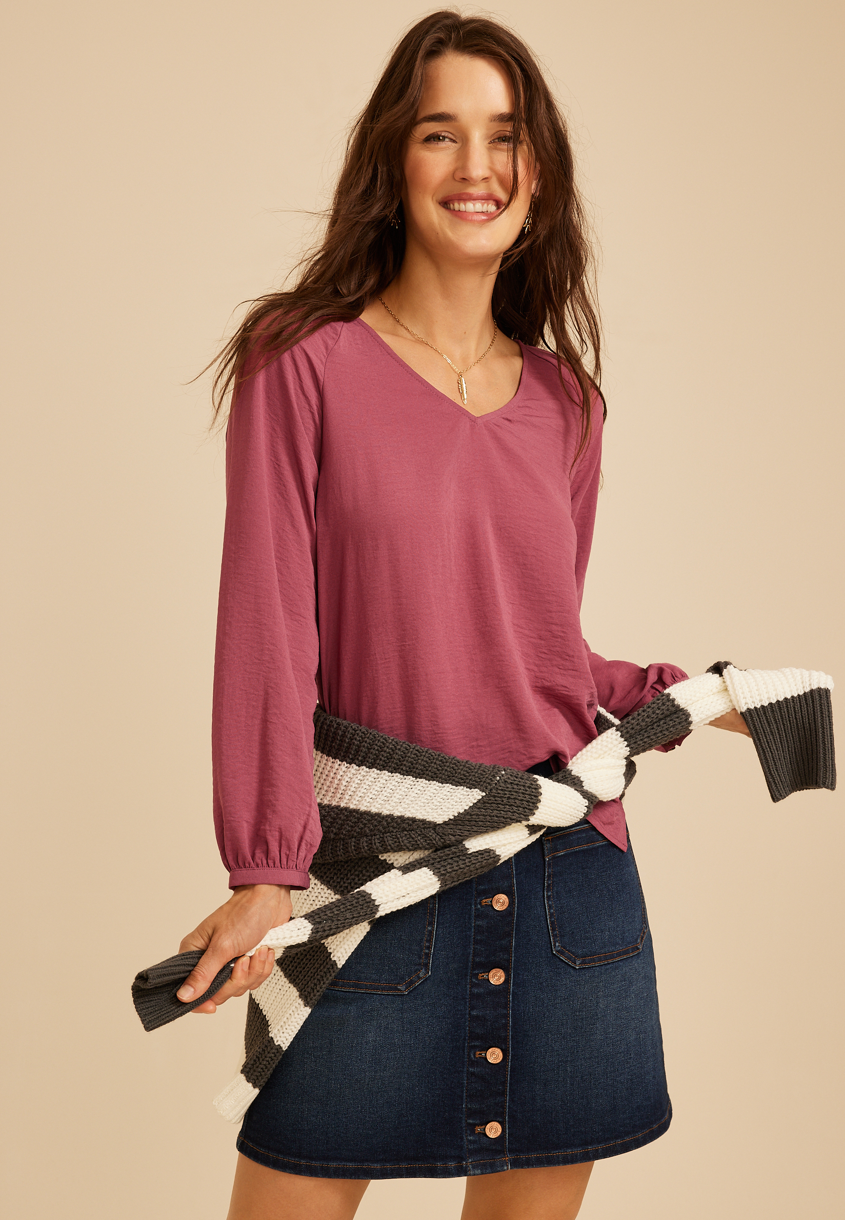 V Neck Long Sleeve Blouse