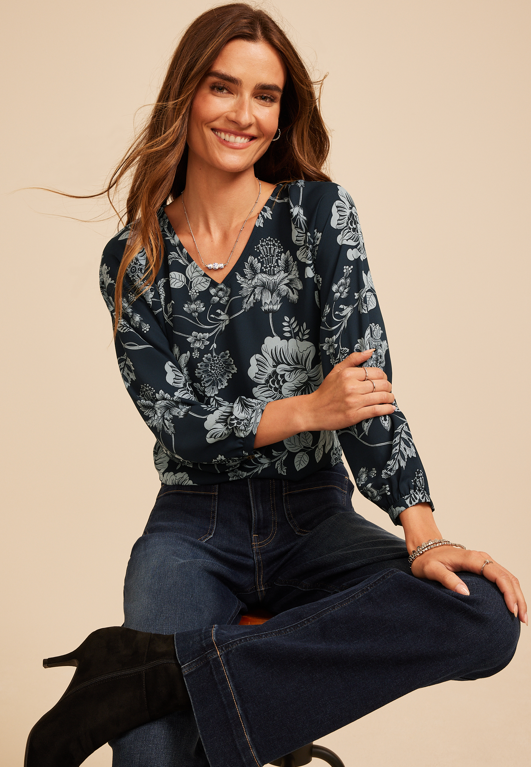 Floral V Neck Long Sleeve Blouse