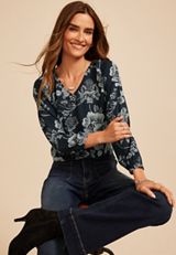 Floral V Neck Long Sleeve Blouse, C3123, small