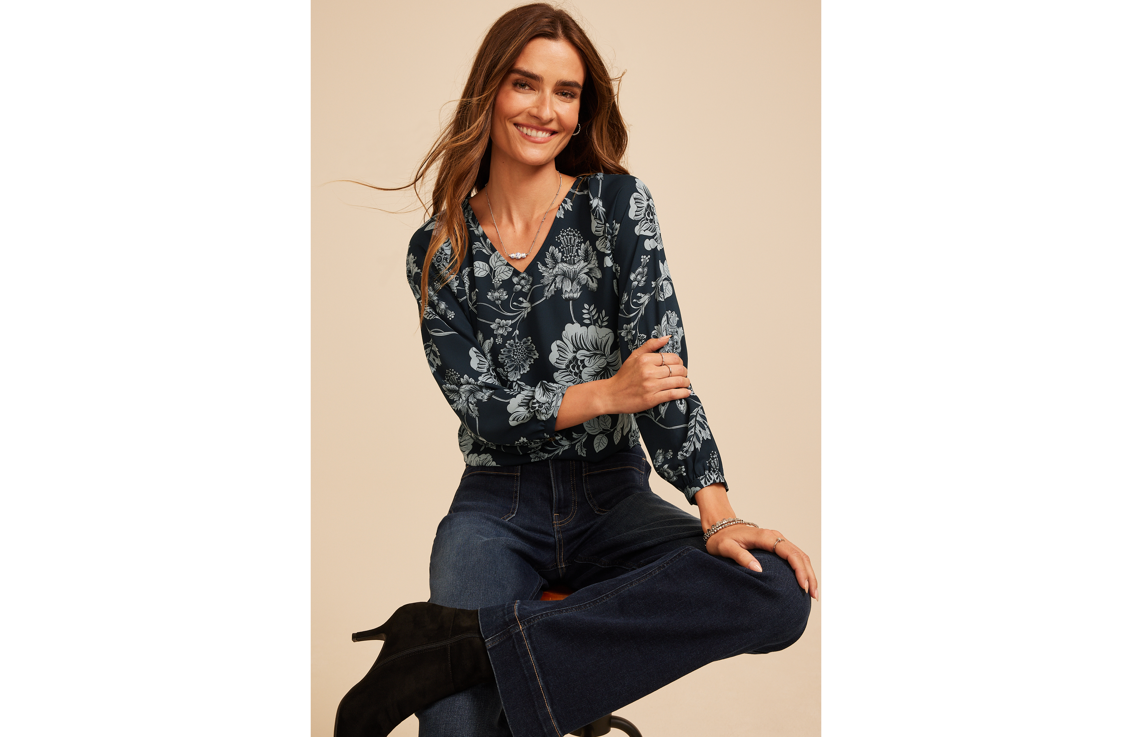 Floral V Neck Long Sleeve Blouse