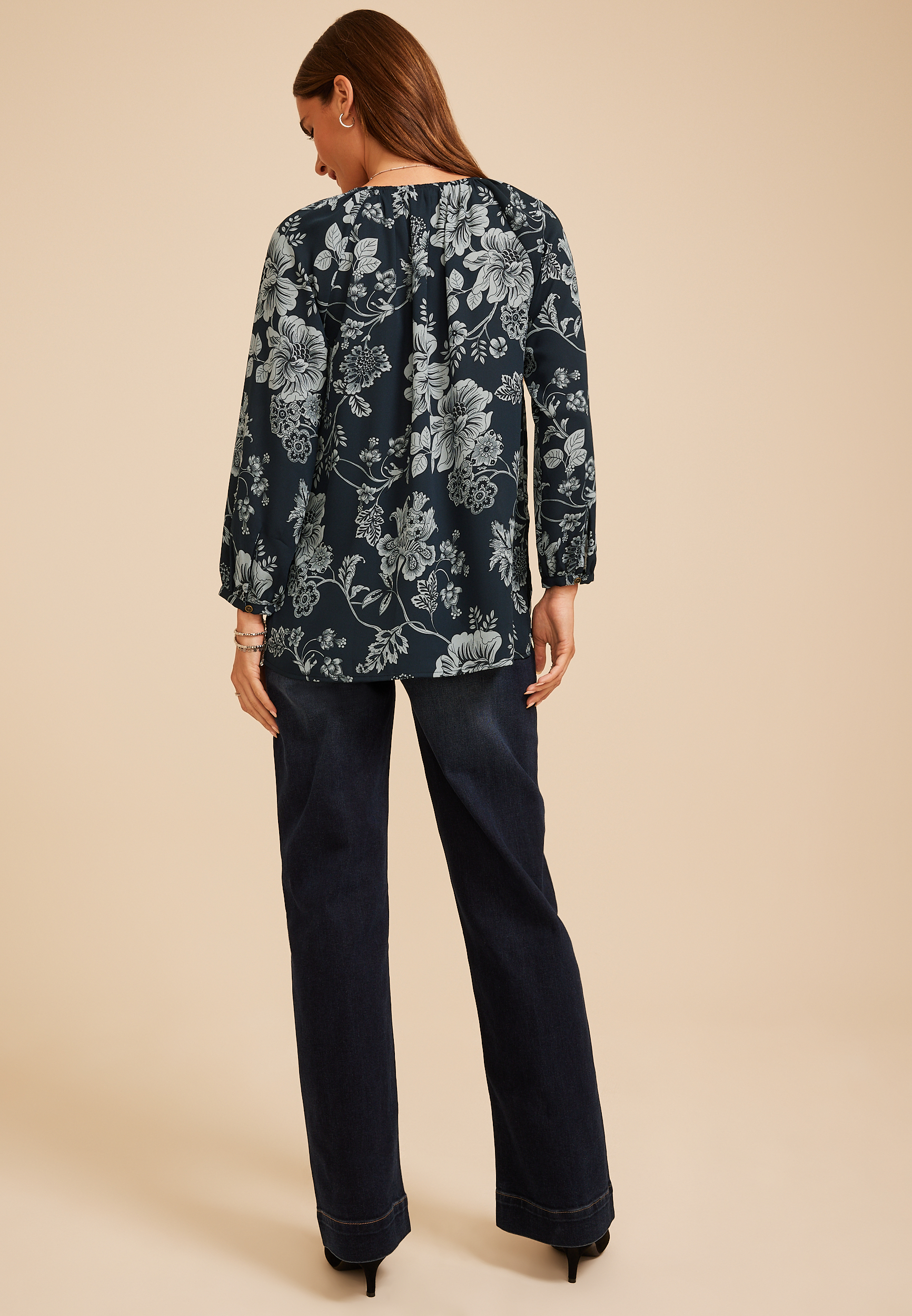 Floral V Neck Long Sleeve Blouse, C3123, large