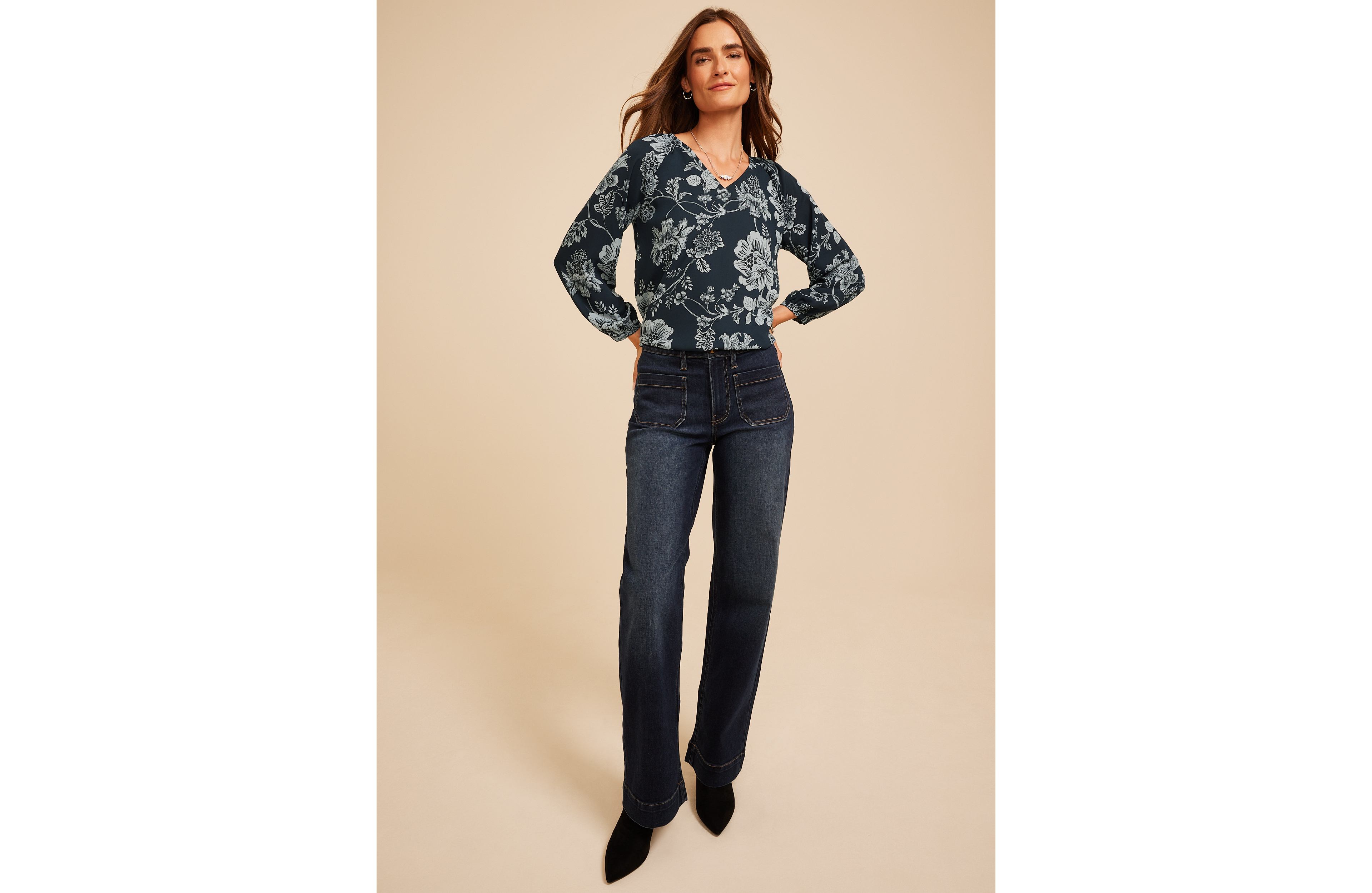 Floral V Neck Long Sleeve Blouse