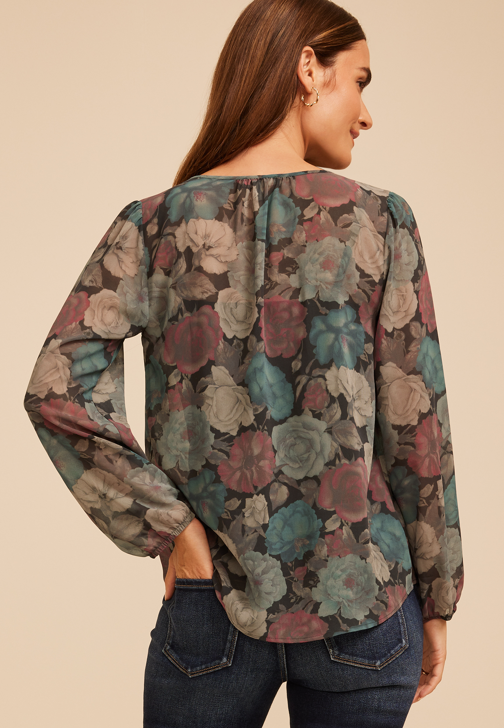 Floral Chiffon Henley Blouse, C1756, large