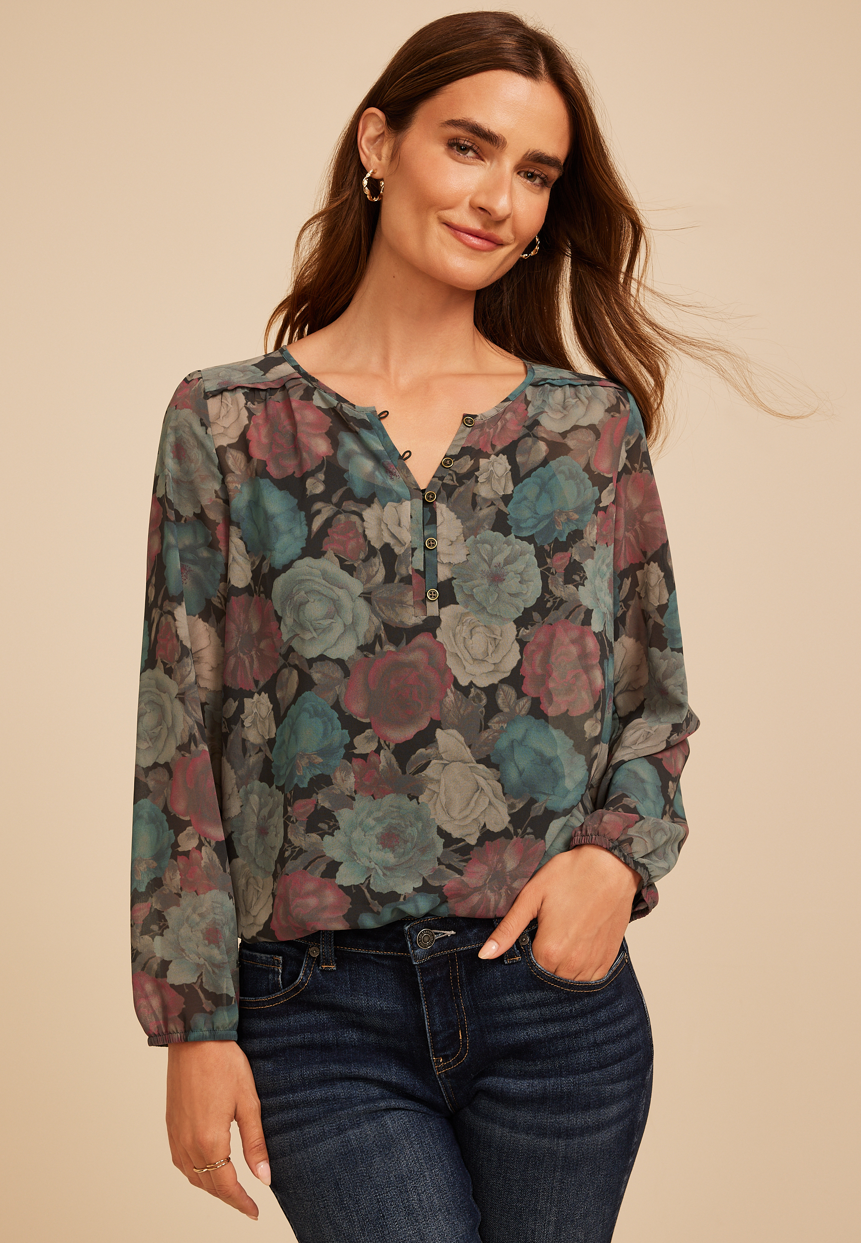 Floral Chiffon Henley Blouse, C1756, large
