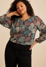 Plus Size Floral Chiffon Henley Blouse, C1756, small