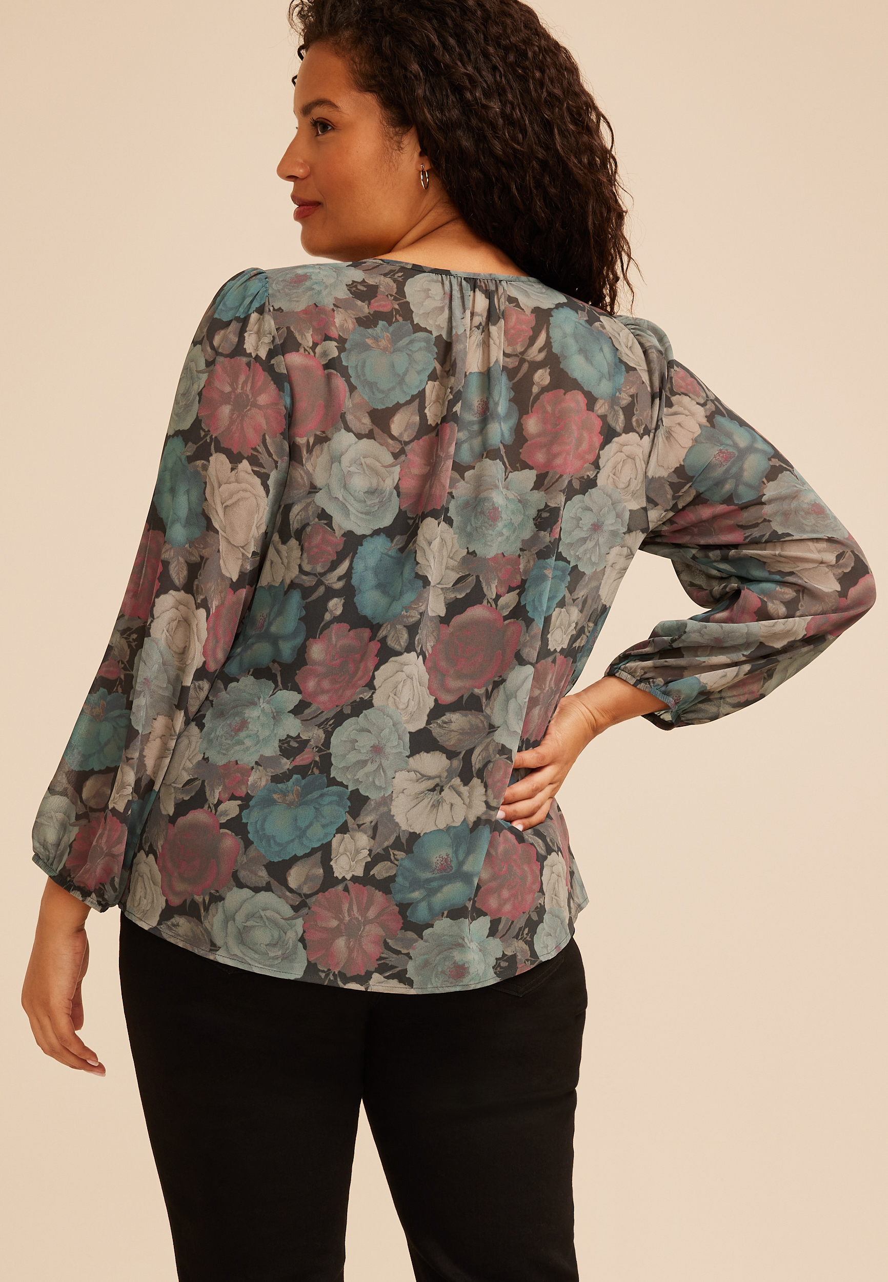 Plus Size Floral Chiffon Henley Blouse, C1756, large