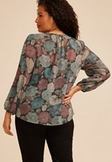 Plus Size Floral Chiffon Henley Blouse, C1756, small