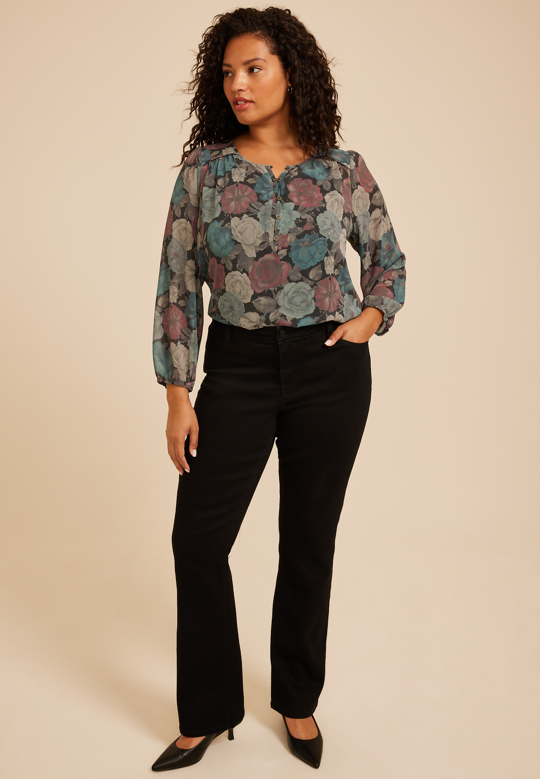 Plus Size Floral Chiffon Henley Blouse, C1756, large