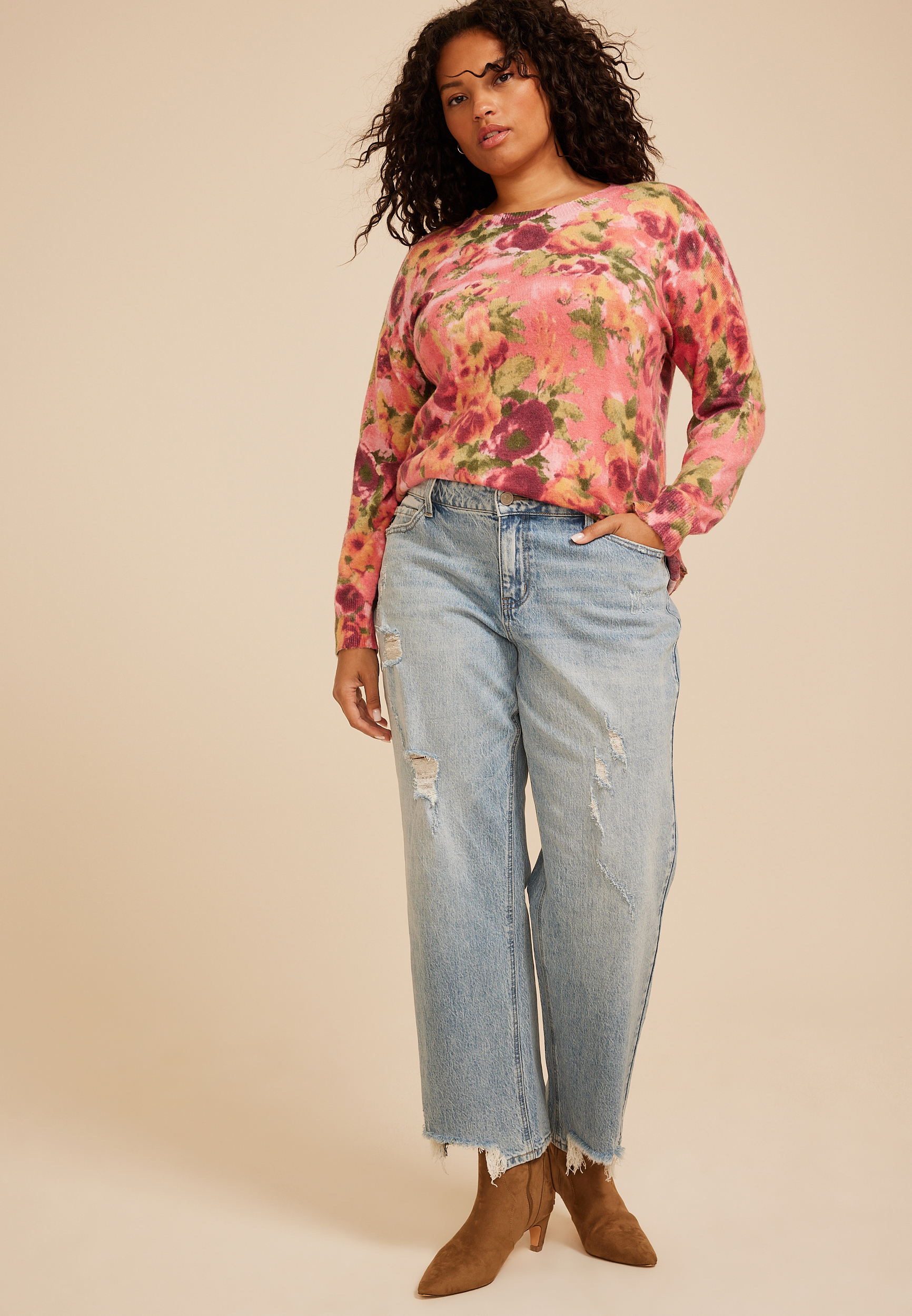 Plus Size Floral Crew Neck Sweater