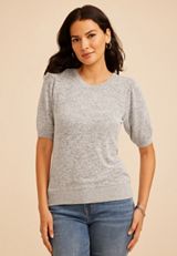 Heathered Hacci Puff Sleeve Top, C151, small