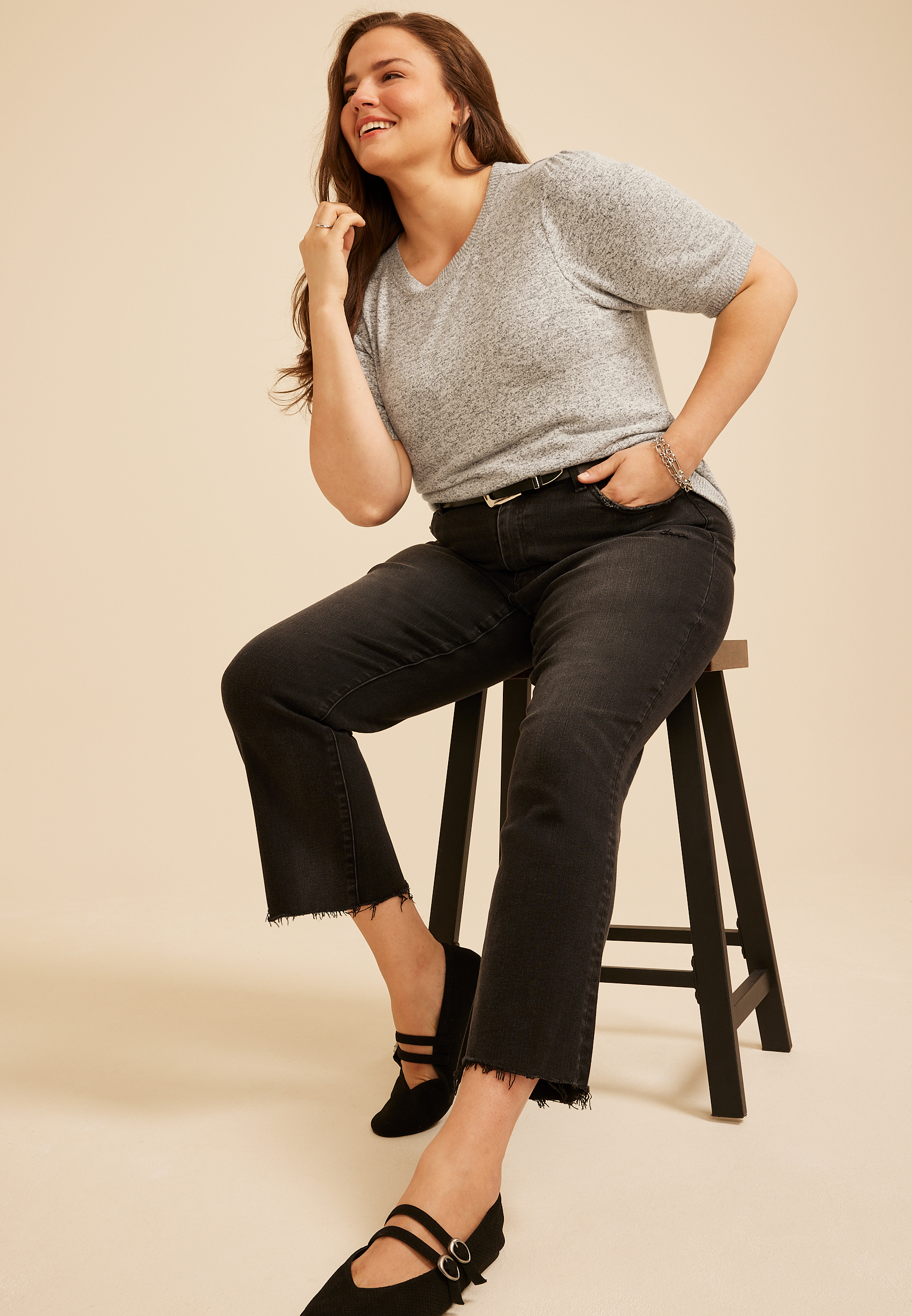 Plus Size Heathered Hacci Puff Sleeve Top