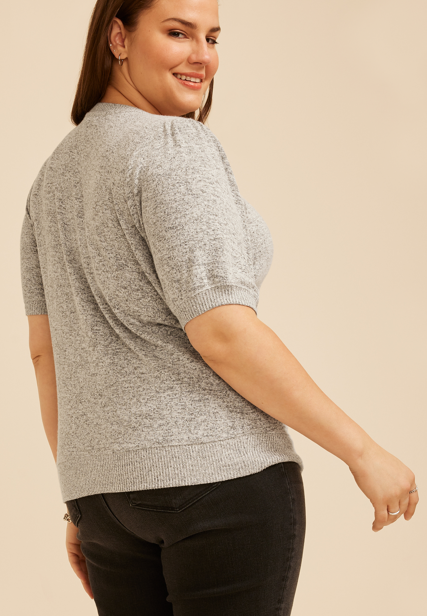 Plus Size Heathered Hacci Puff Sleeve Top, C151, large