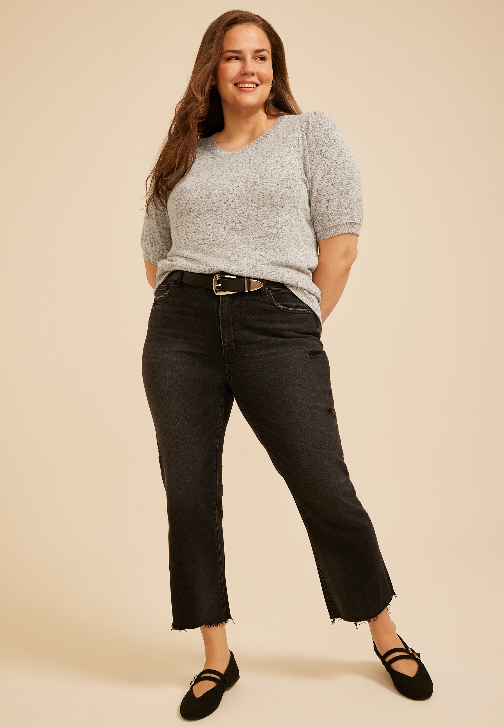 Plus Size Heathered Hacci Puff Sleeve Top, C151, large