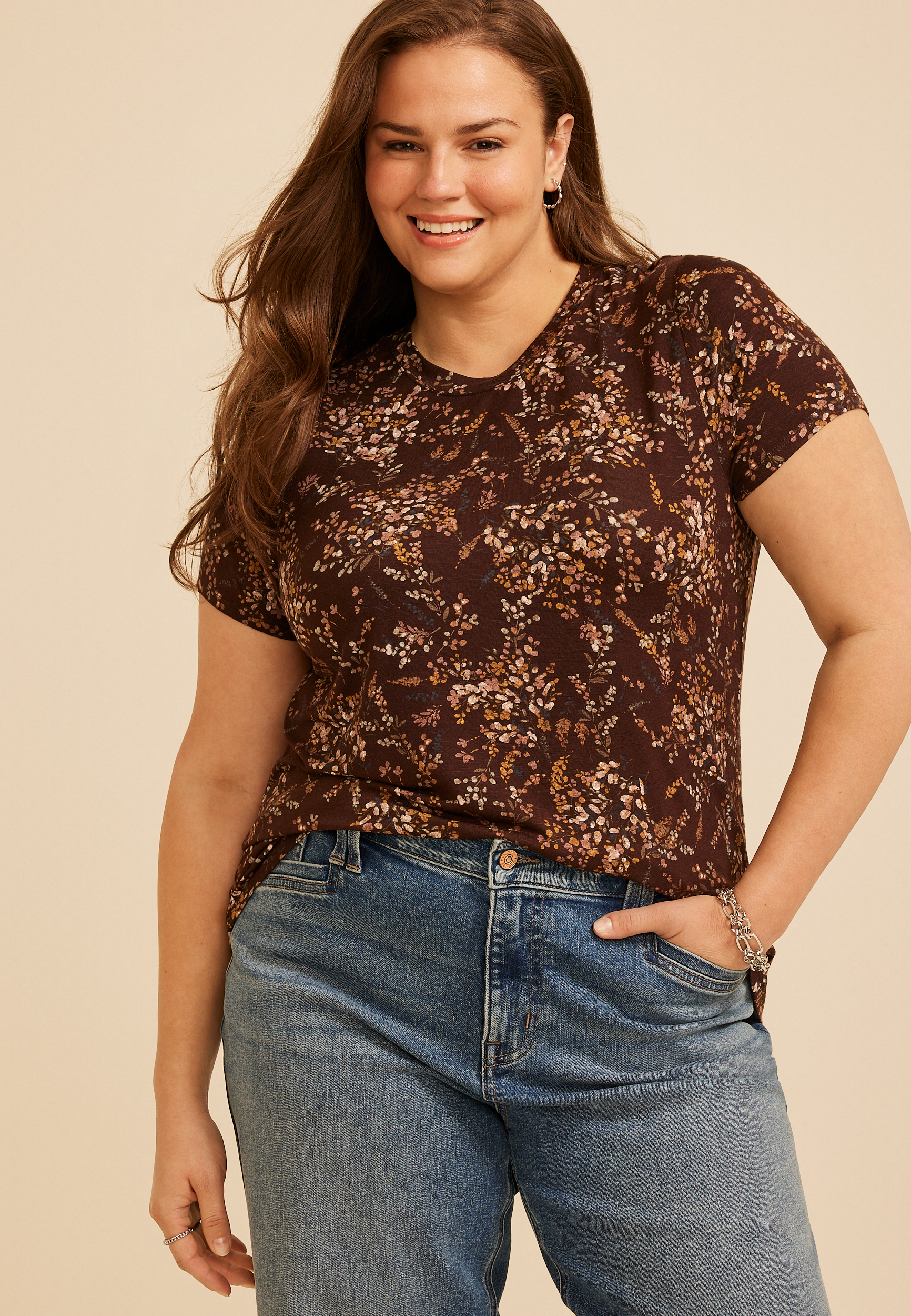 Plus Size 24/7 Kennedy Floral Crew Neck Tee, C1635, large