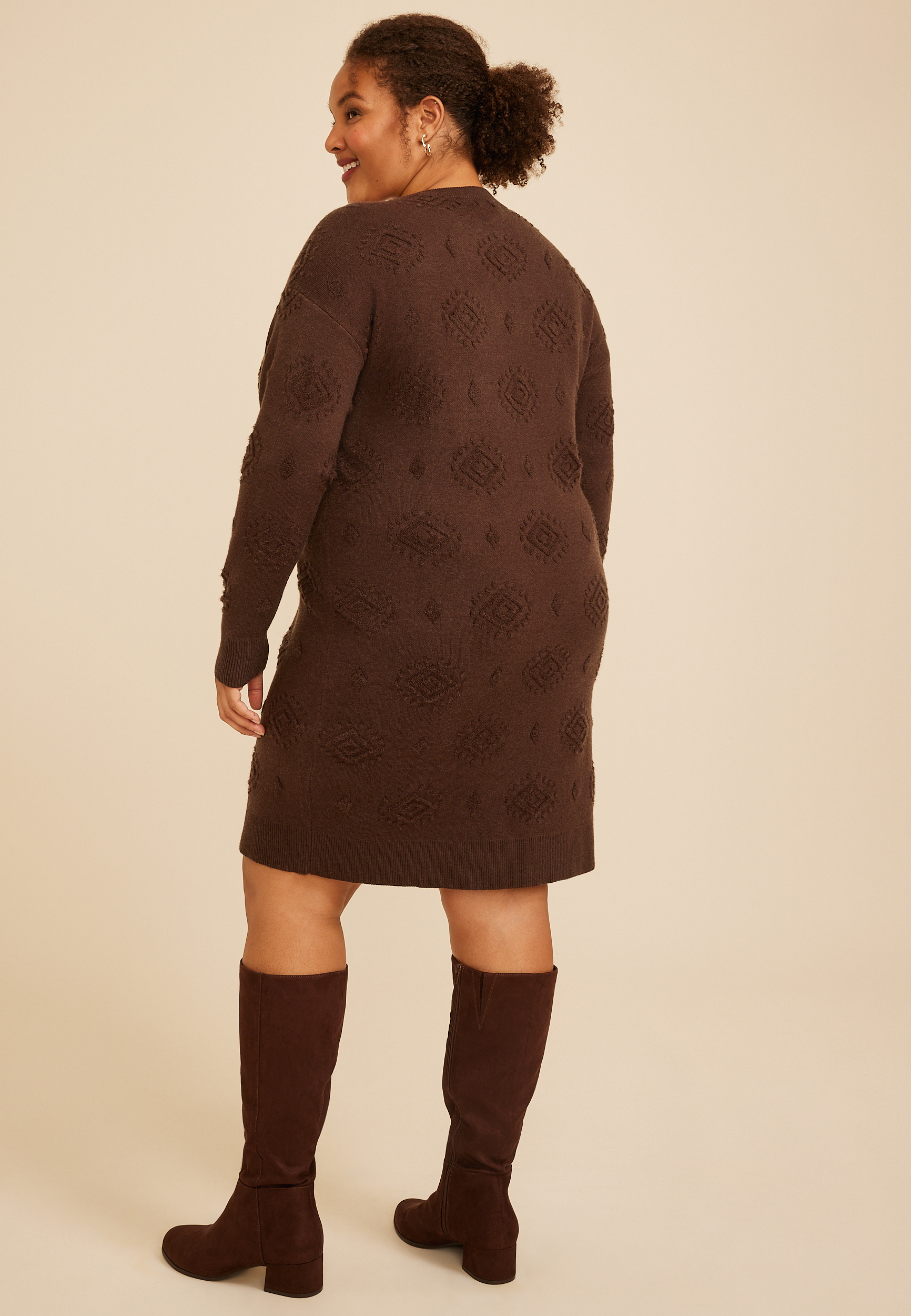 Plus Size Medallion Sweater Dress, COFFEE BEAN, large