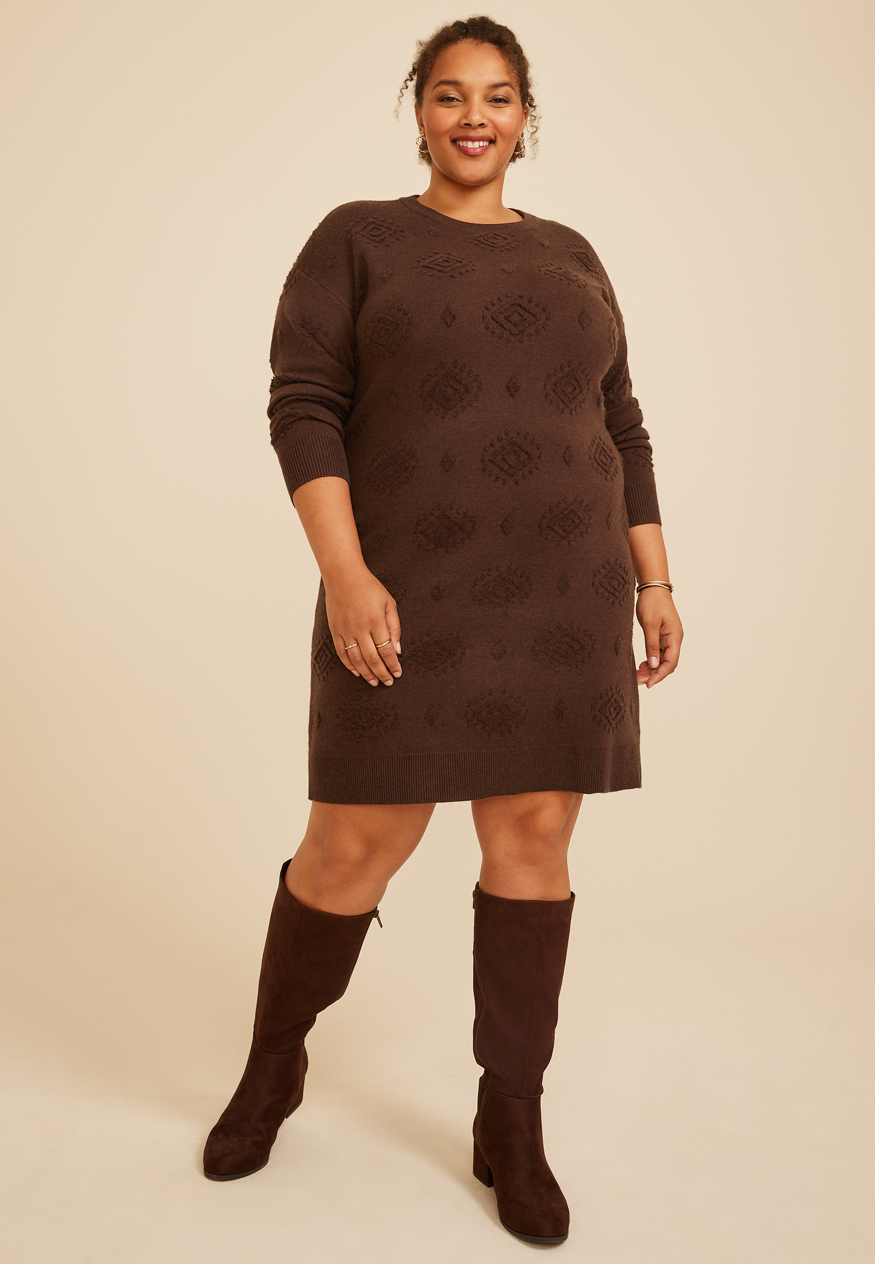 Plus Size Medallion Sweater Dress, COFFEE BEAN, large