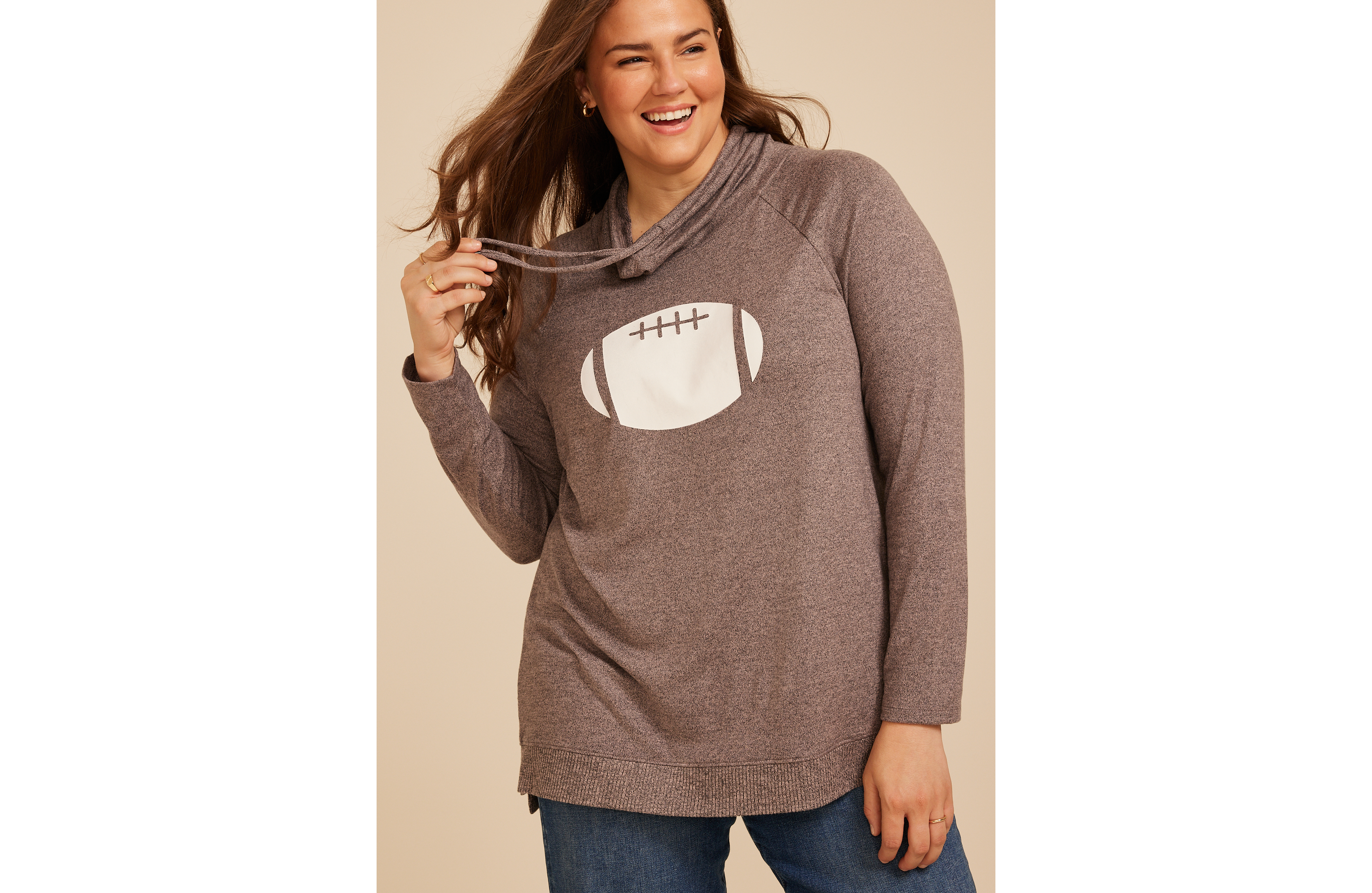 Plus Haven Football Graphic Cowl Neck Top