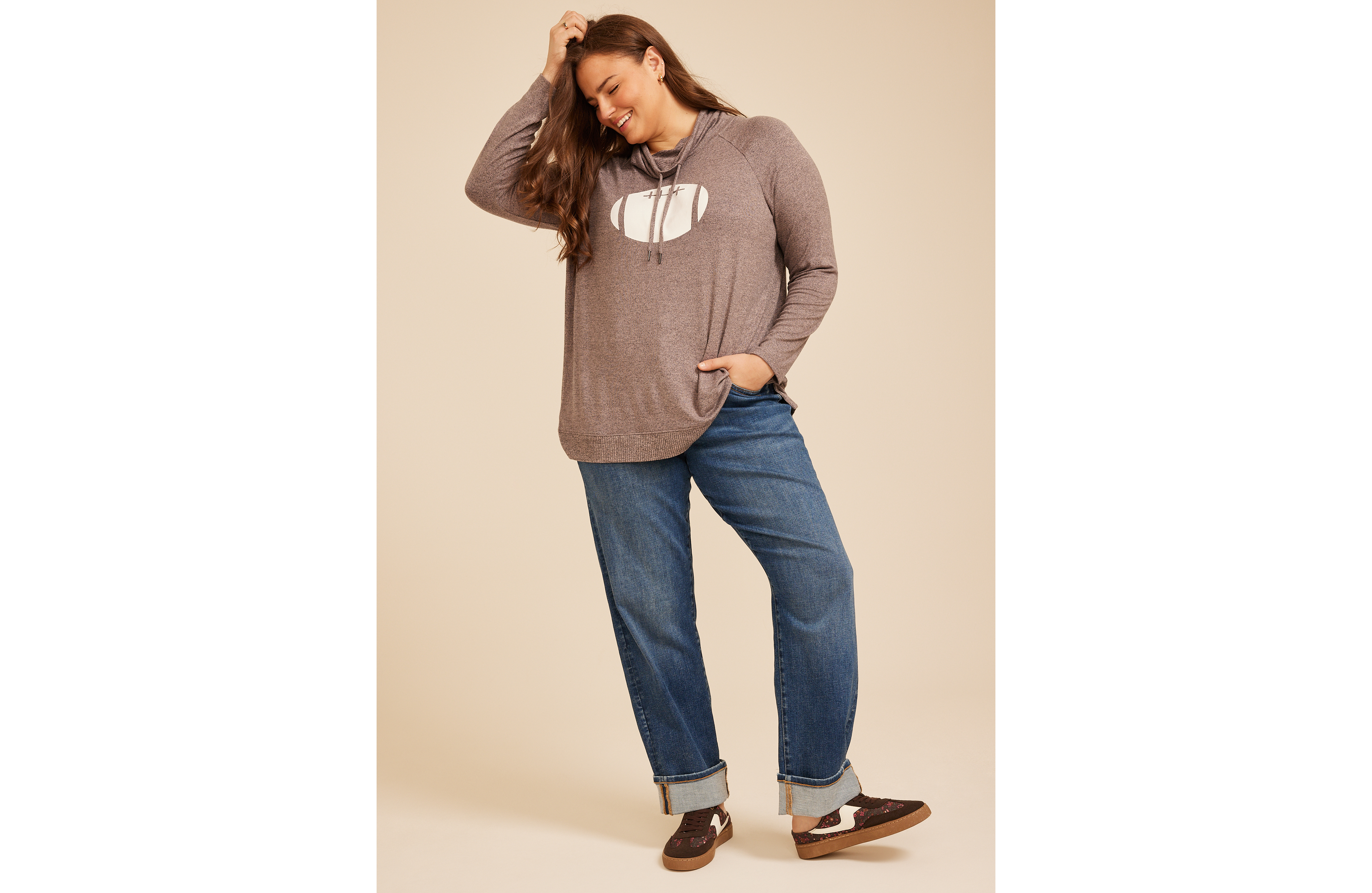 Plus Haven Football Graphic Cowl Neck Top