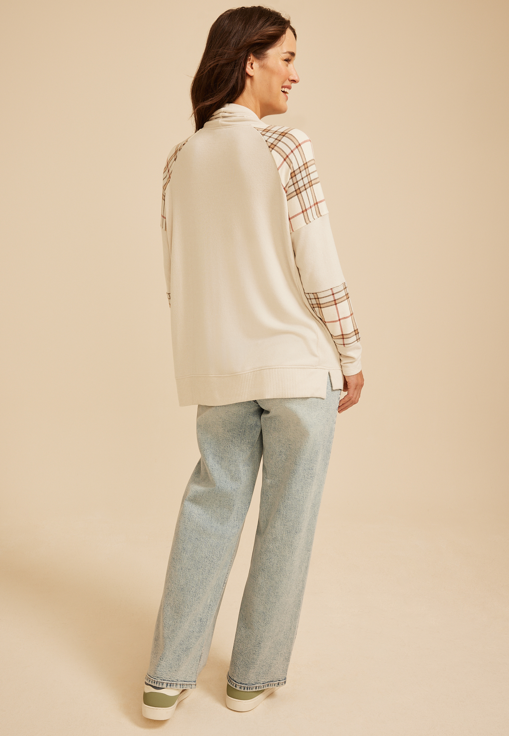 Haven Plaid Mix Cowl Neck Top, C5249, large