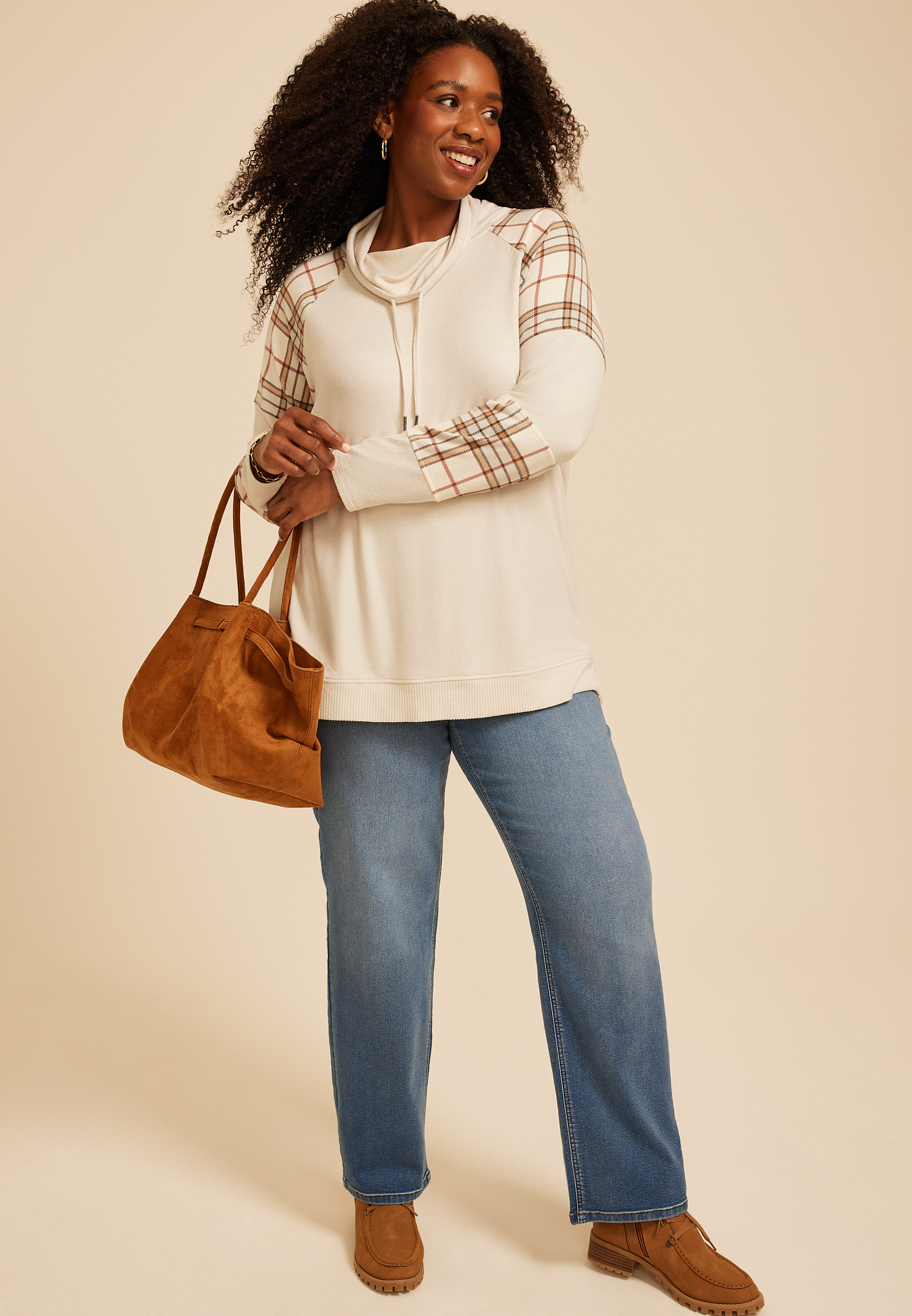 Plus Size Haven Plaid Mix Cowl Neck Top