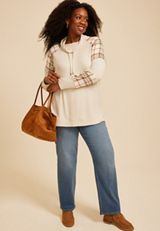 Plus Size Haven Plaid Mix Cowl Neck Top, C5249, small