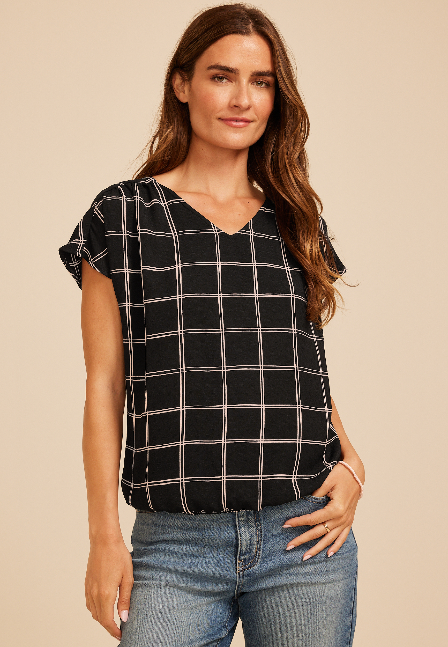 Windowpane Plaid Bubble Hem Blouse