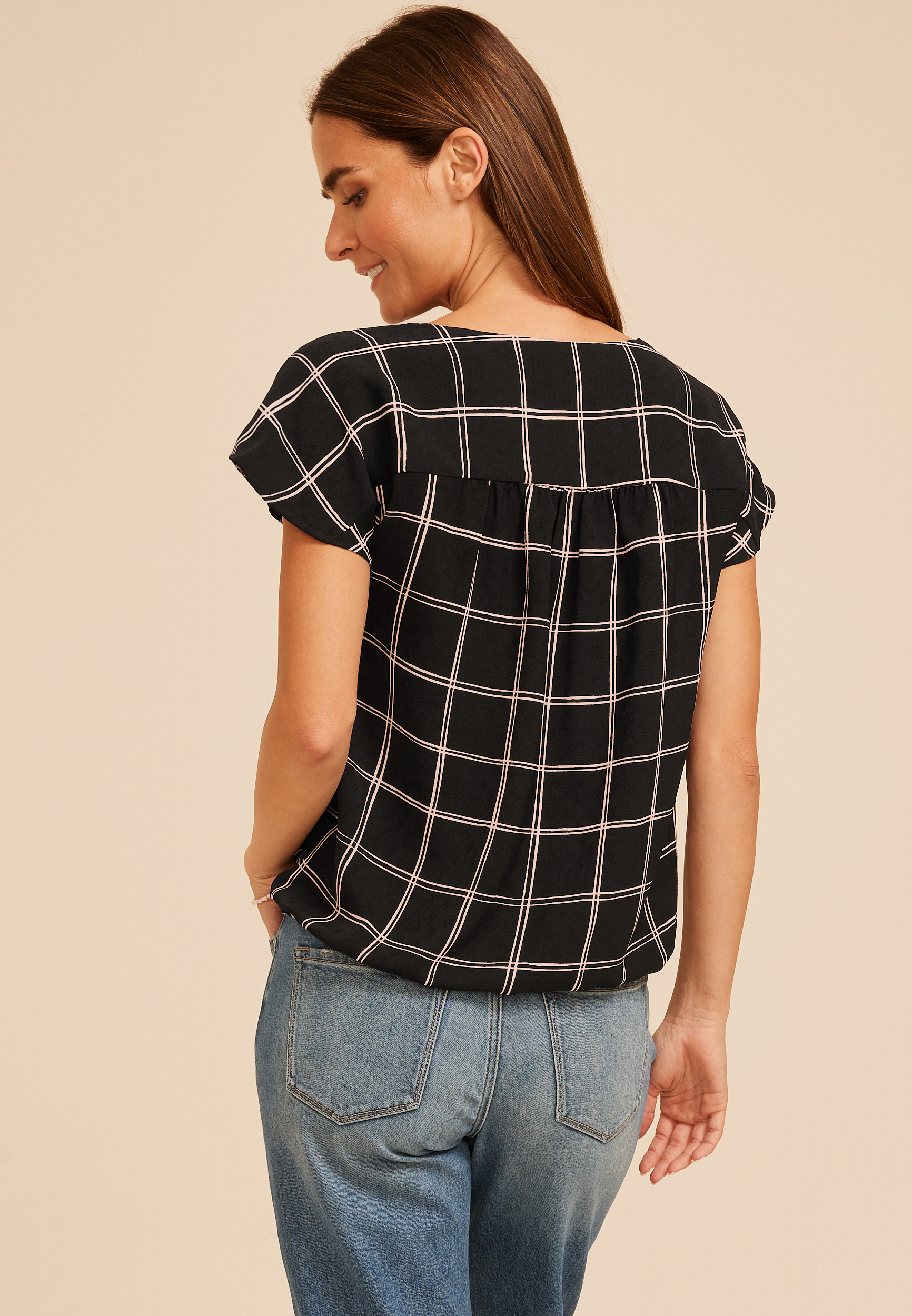 Windowpane Plaid Bubble Hem Blouse, C1756, large