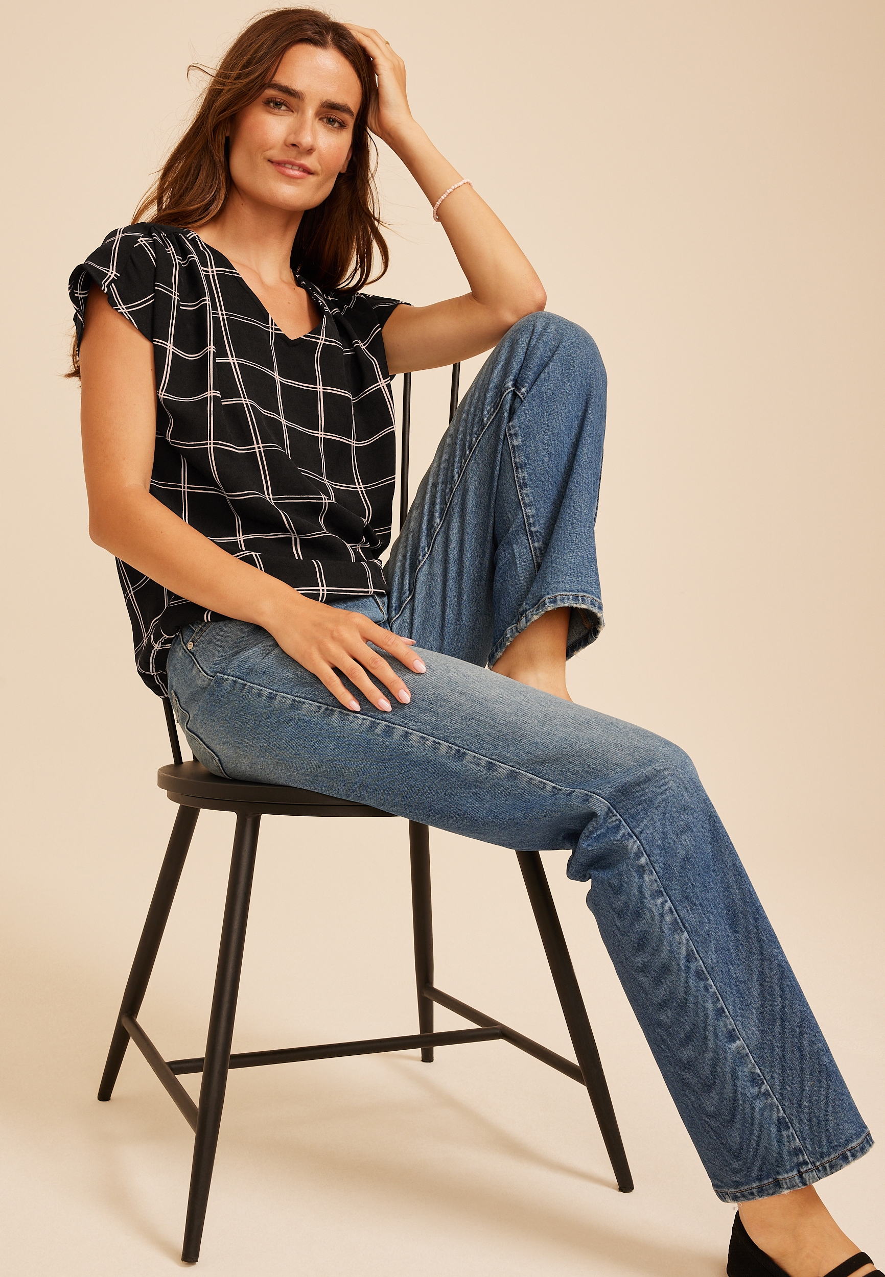 Windowpane Plaid Bubble Hem Blouse, C1756, large