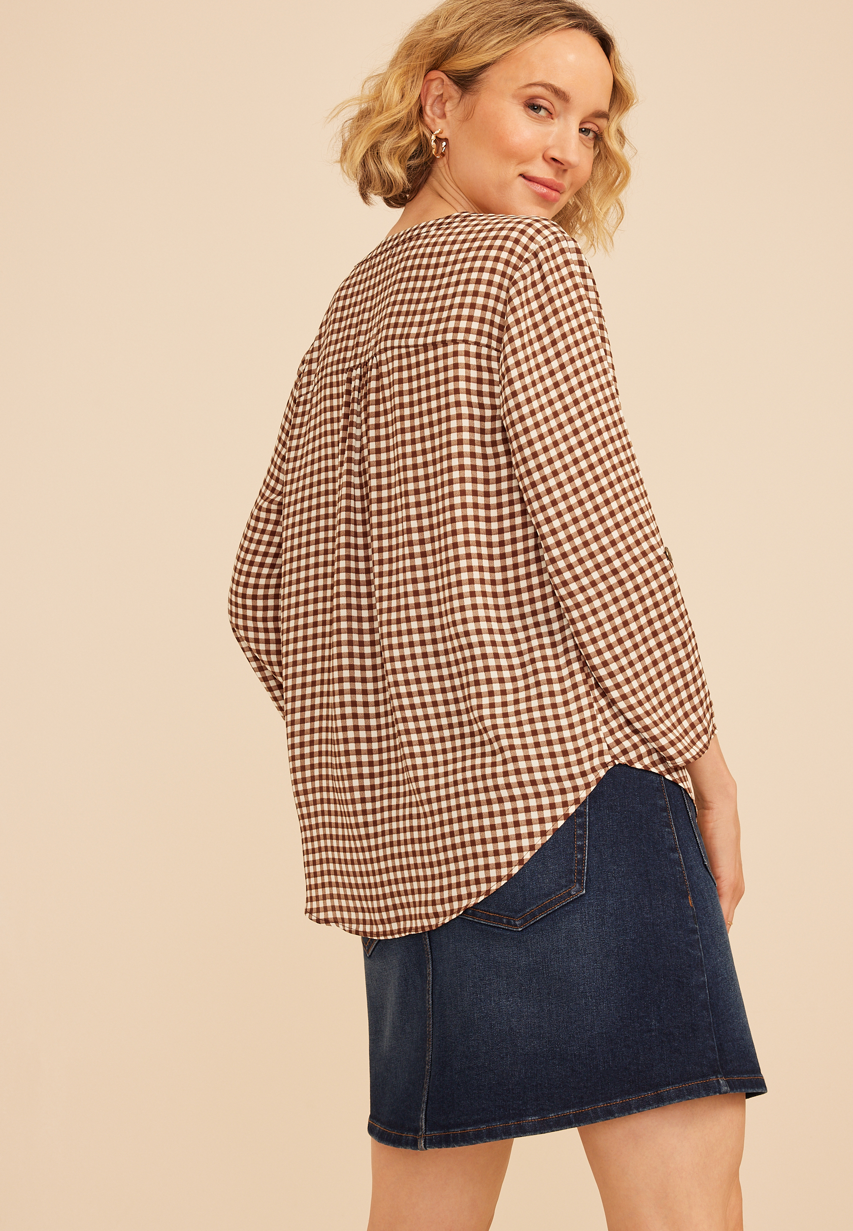Atwood Gingham 3/4 Sleeve Popover Blouse, C6115, large
