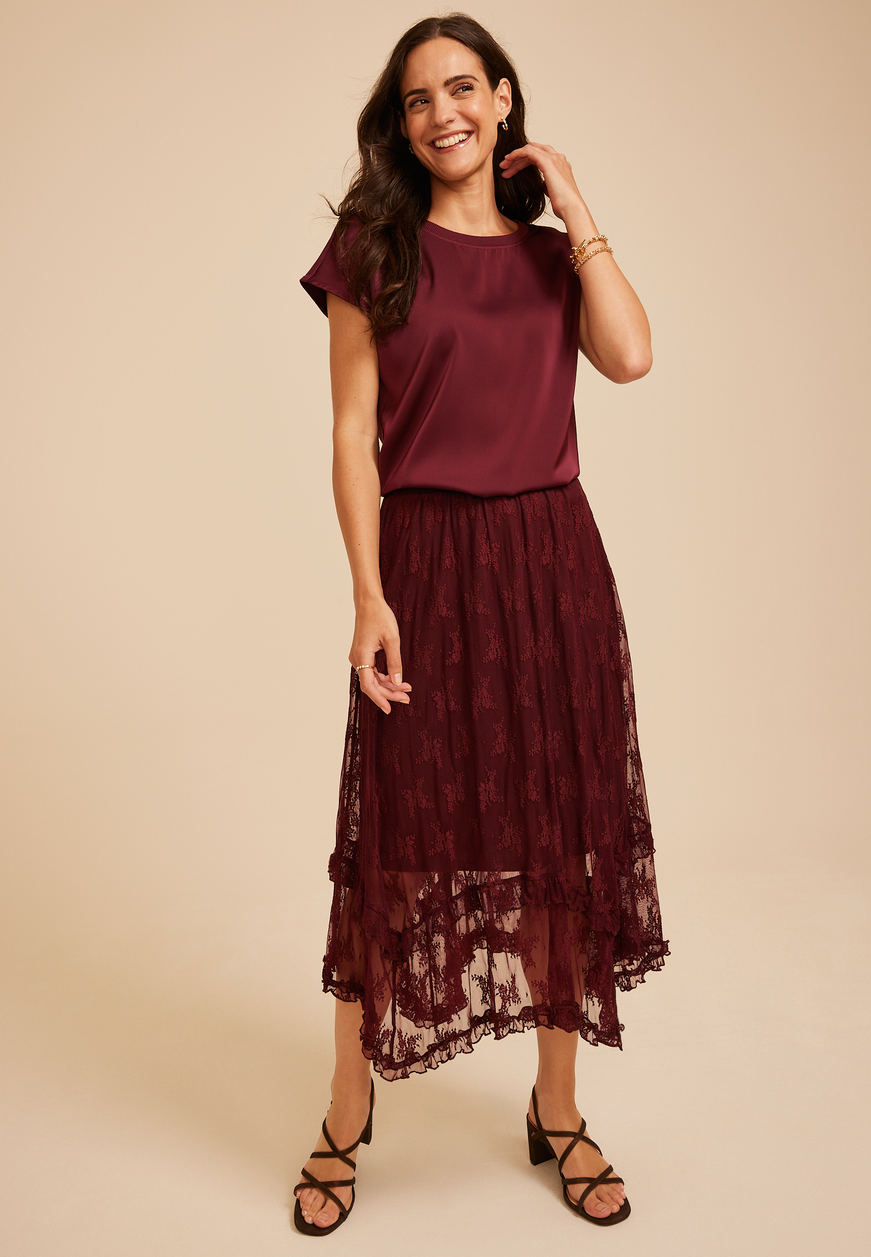 Mixed Media Satin Front Short Sleeve Top, C7923, large