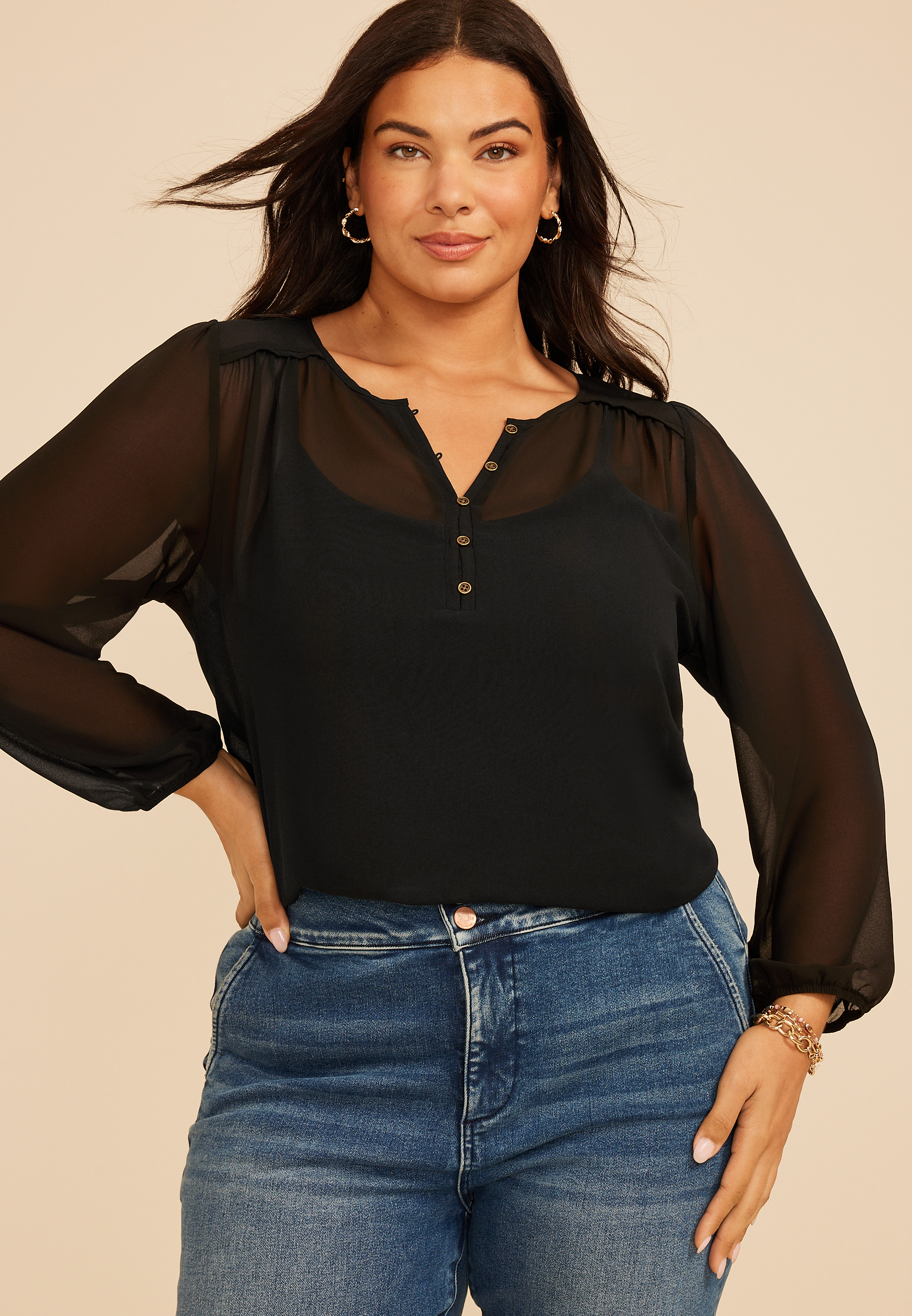 Plus Size Sheer Chiffon Henley Blouse