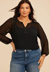 Plus Size Sheer Chiffon Henley Blouse, C106, small